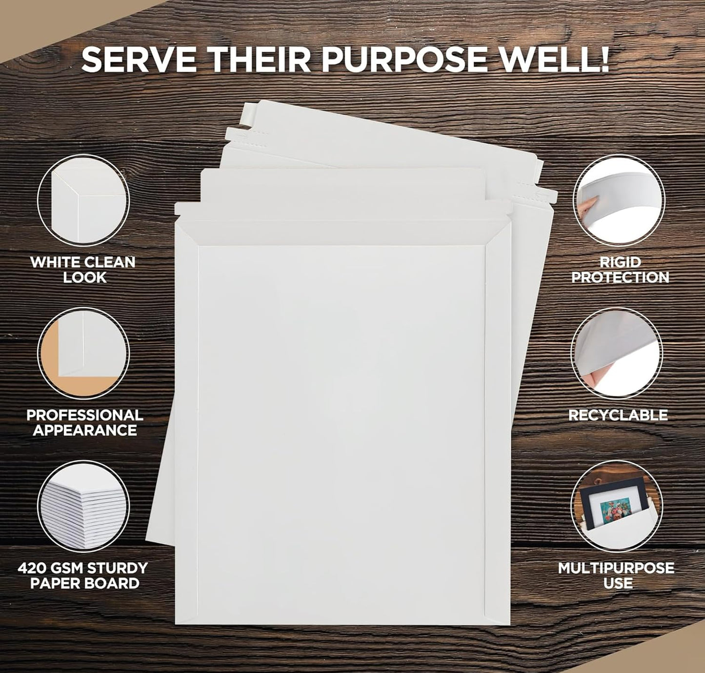 100 Pack 9x12 Inches Rigid Mailers – Self Adhesive White Cardboard Mailers with 200 Strips – Mailing Supplies for Documents, Photos, CDs, Magazines, and Literature