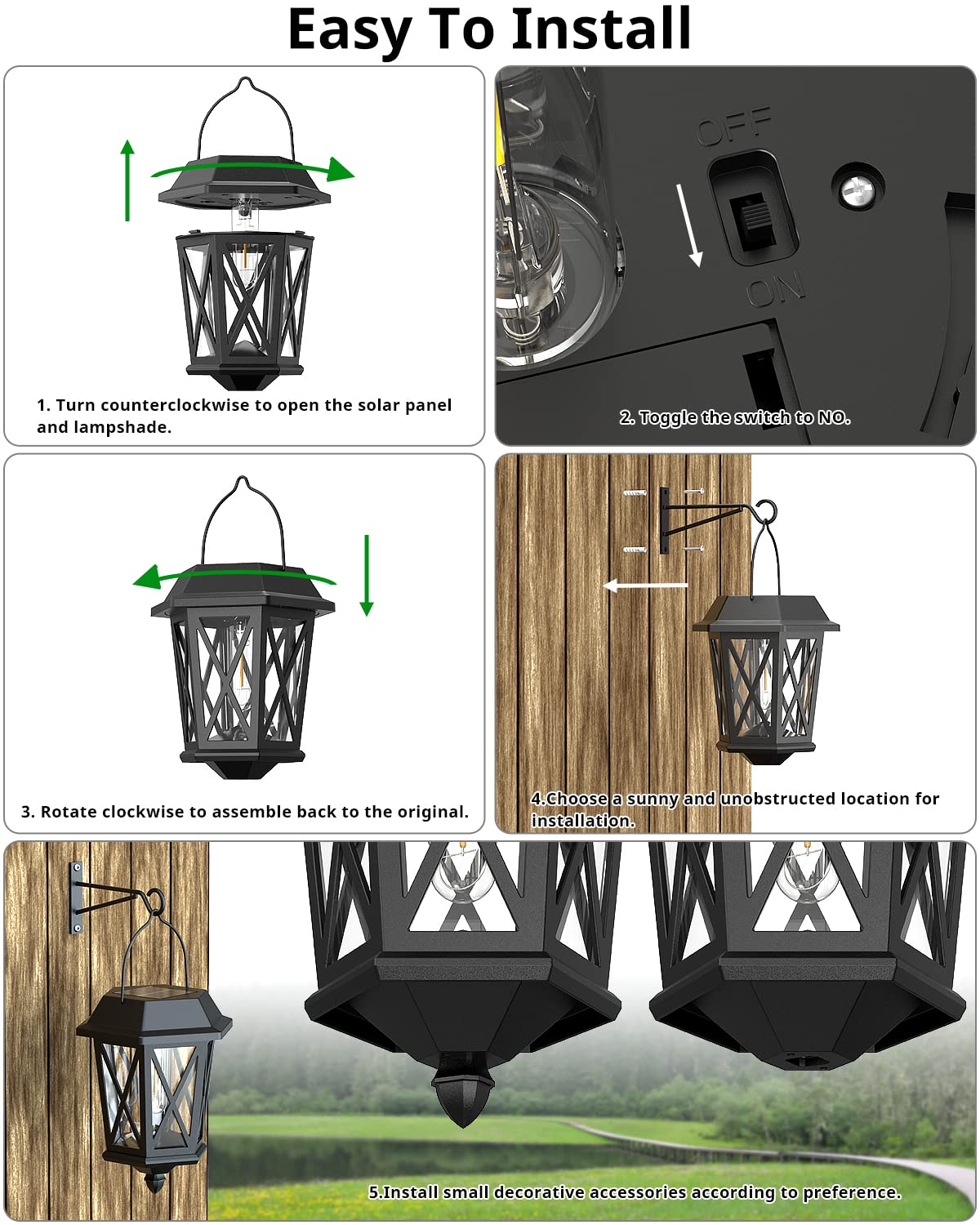 Solar Lantern Outdoor Hanging Solar Lights, Waterproof Metal Solar Lights Outdoor with Clear Glass, LED Solar Powered Lights Wall Mount for Yard Garden Wall Outdoor, Black - 2 Pack