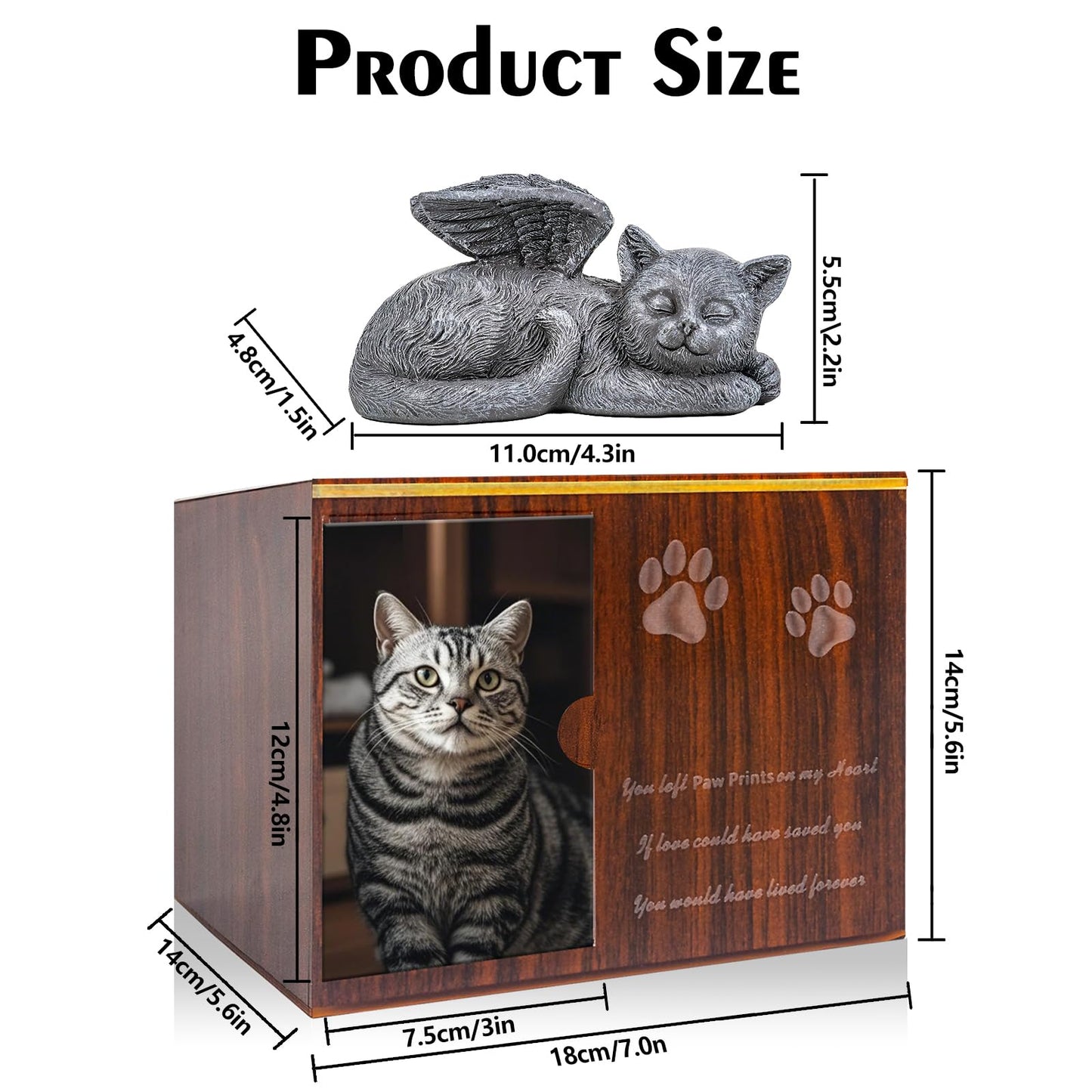 Cityjoy Cat Urn for Ashes - Large Wooden Texture Acrylic Memorial Urn with Angel Cat Statue, Pet Urns for Cats Ashes Keepsake Box - Sympathy Remembrance Gift for Loss of Beloved Pet Urns for Cats
