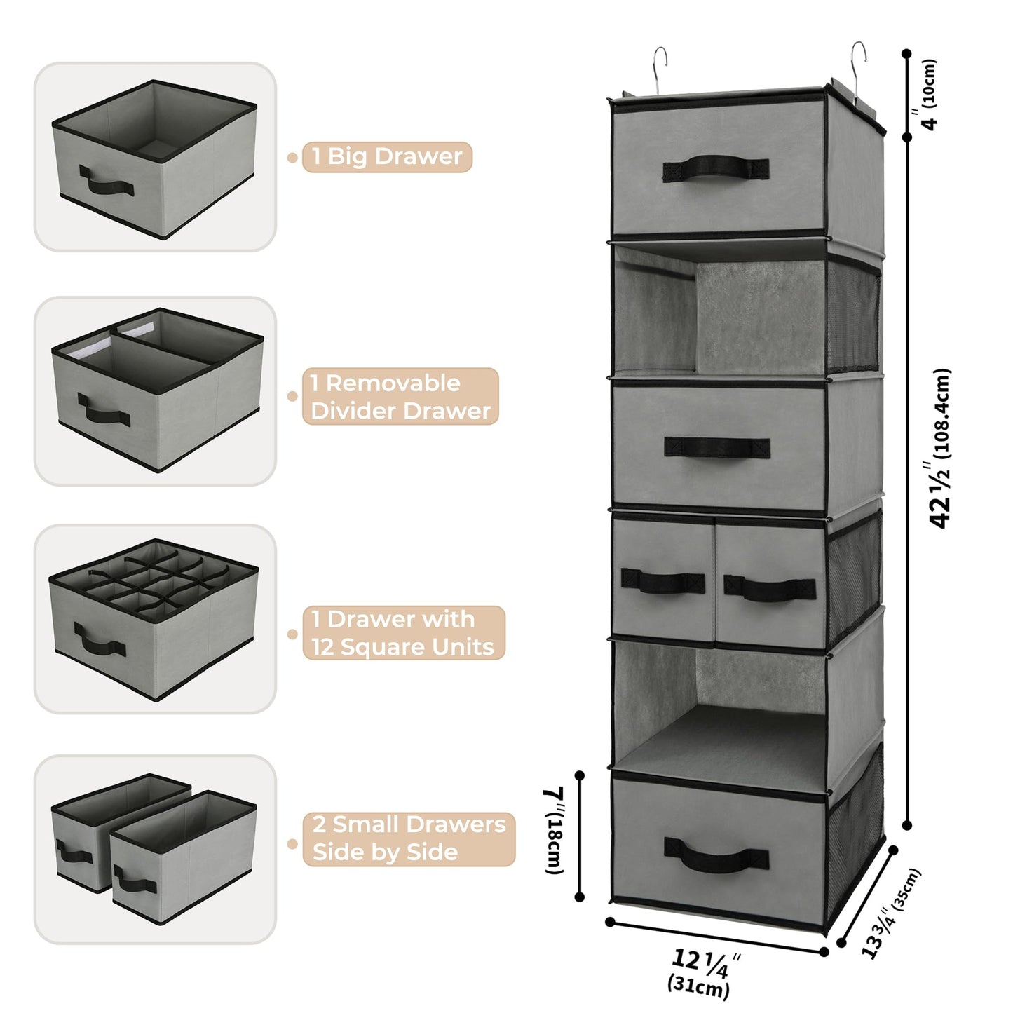 GRANNY SAYS Hanging Closet Organizer with Drawers, Rangement Garde Robe, Hanging Storage Organizer, Closet Organizers and Storage for Clothes, 1-Pack, 31 x 35 x 108.4cm, 6-Shelf, Grey