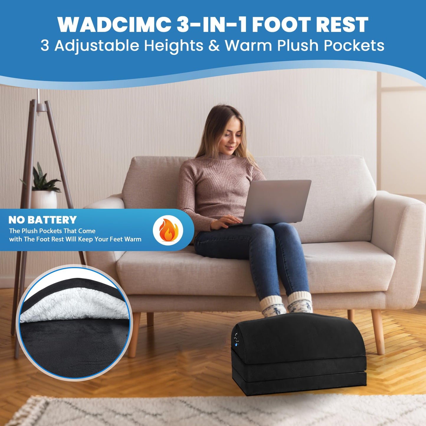 WADCIMC Foot Rest for Under Desk at Work, Warmer Feet Pocket Footrests,Foot Stool with Washable Cover,Comfortable Footrest with 3 Adjustable Heights, for Office Gaming Chair, for Leg Support, XL(18IN)