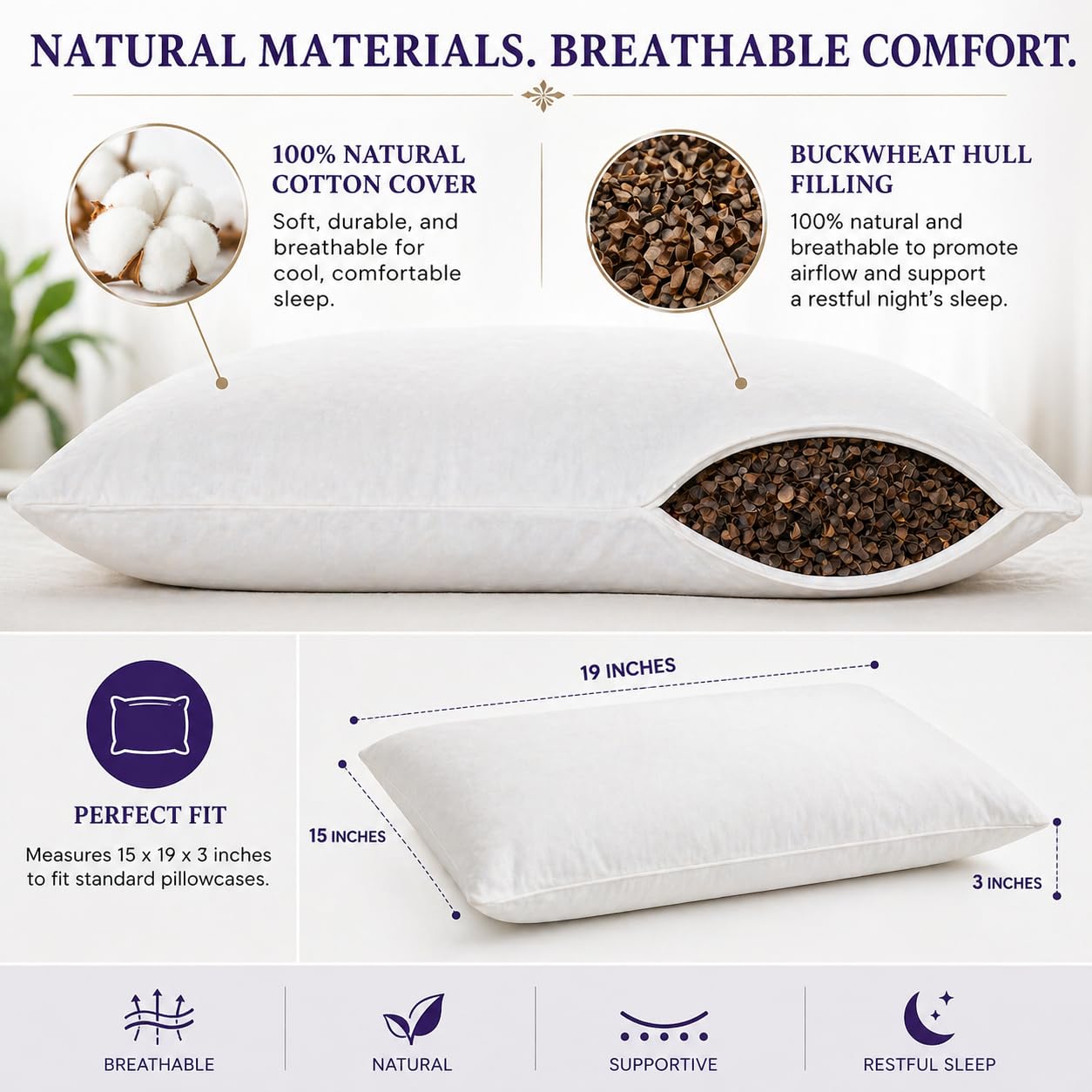 Sobakawa Traditional Buckwheat Pillow Organic Cotton with Natural Technology for Cool Sleep, Neck Support for Back and Side Sleepers or as a Meditation Cushion, White (Standard)