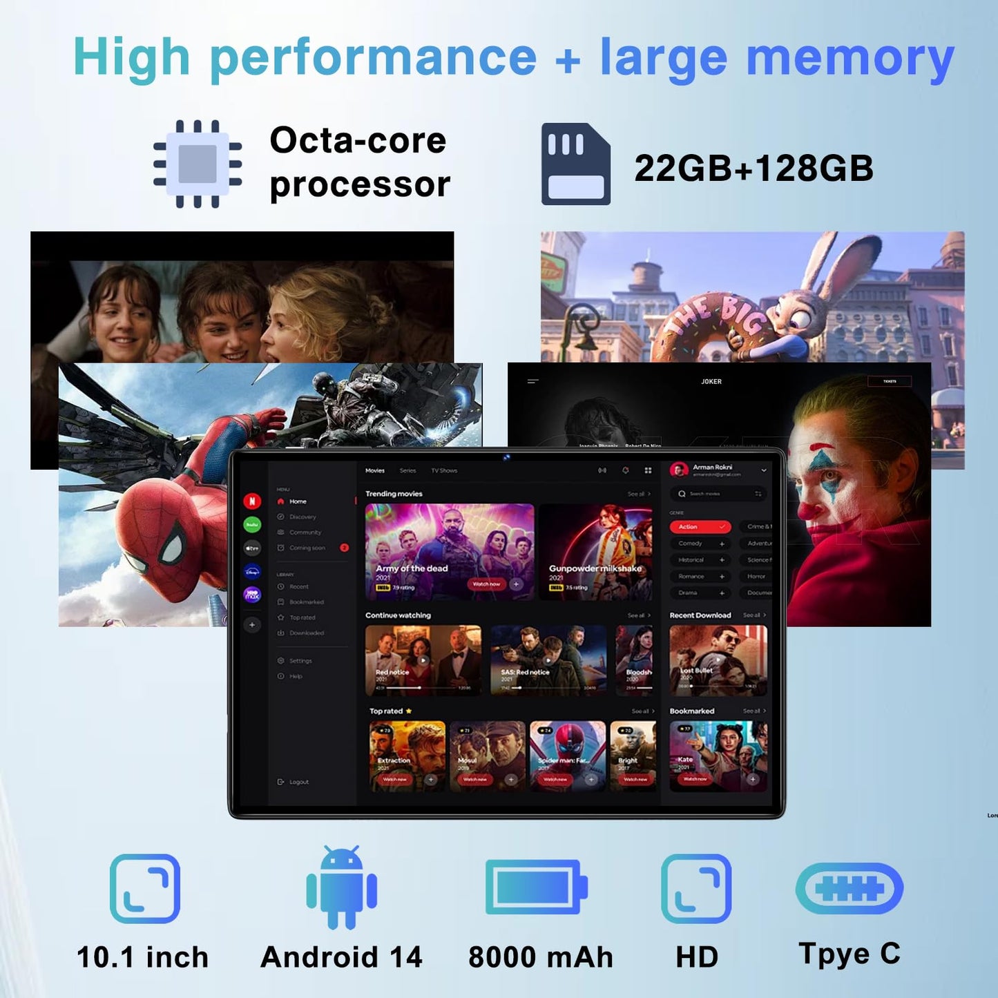 Android 14 Tablet 10.1 inch 22GB RAM 128GB ROM 1TB Expand, 8000mAh Tablets with Keyboard Mouse, Octa-Core, HD Touchscreen, 5G Wi-Fi, BT 5.0, GPS, Widevine L1, Split Screen, Face Unlock - Black