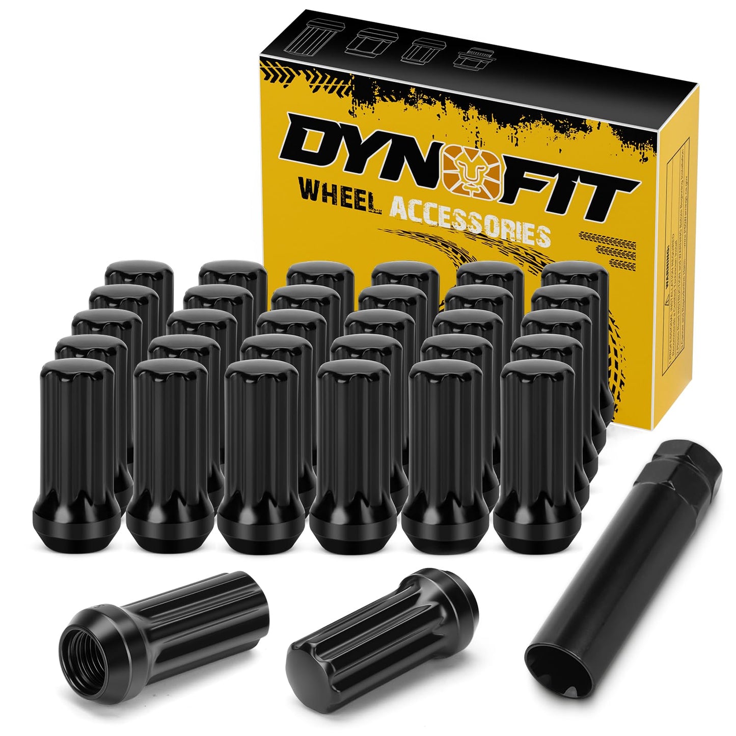 Dynofit 32pc 9/16"-18 Spline Lug Nuts for 1994-2011 Dodge Ram 2500/3500, Black Closed End, 2" Tall, 60° Conical Seat Compatible with 8-Lug Aftermarket Rims, Include 1 Socket Key