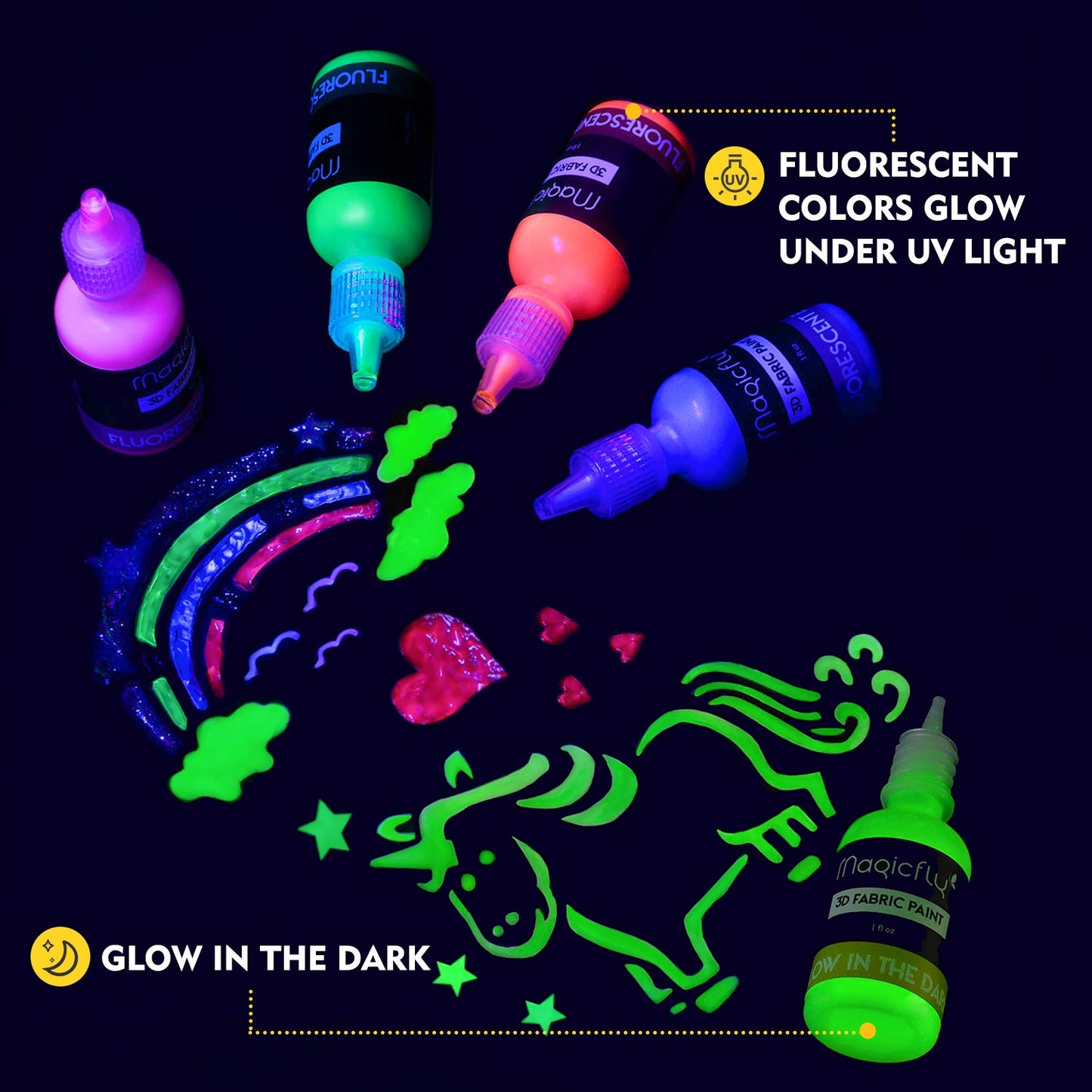 Magicfly 3D Fabric Paints, 40 Colors Puffy Paint Set with Fluorescent, Glow in The Dark, Glitter, Metallic Colors, Permanent Textile Paint for Clothing, T-Shirt, Glass, Wood