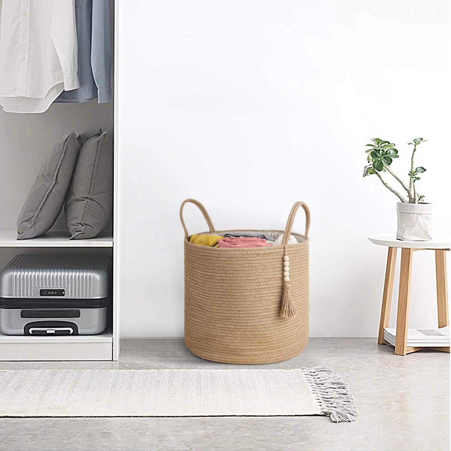Mkono Woven Storage Basket Decorative Natural Rope Basket Wooden Bead Decoration for Blankets,Toys,Clothes,Shoes,Plant Organizer Bin with Handles Living Room Home Decor, Jute, 16" W × 13.8" L