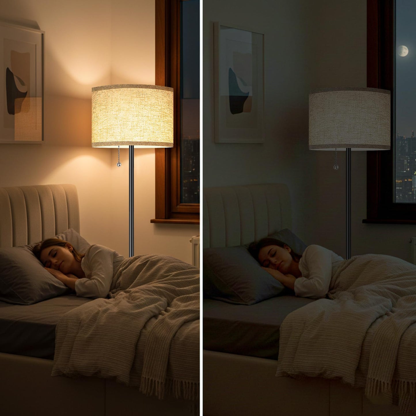 FUNNYBEHOM Floor Lamps for Living Room with 3 Color Temperatures Standing Lamp with Beige Linen Lampshade Tall Lamps for Bedroom Office, Reading, 9W LED Bulb Included, Black