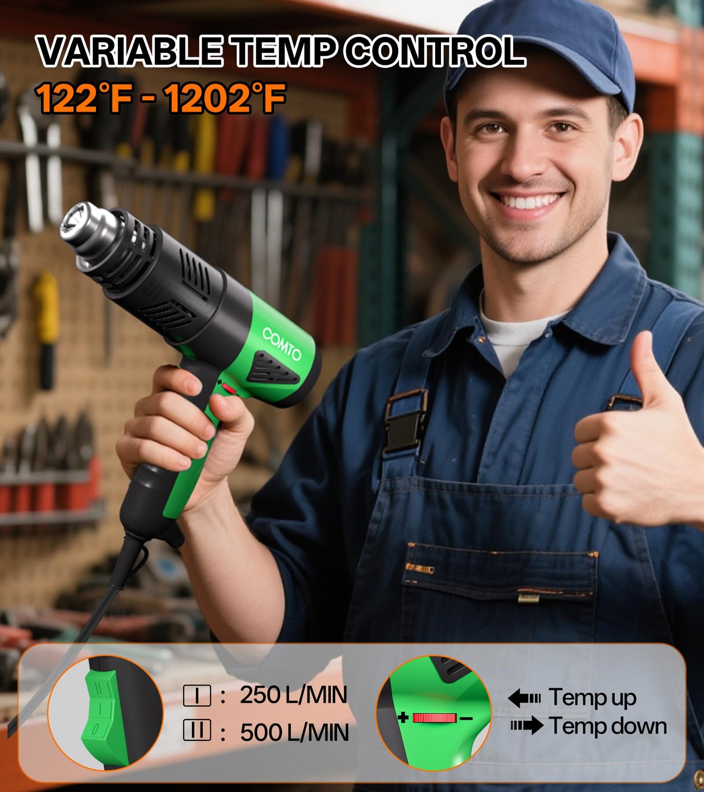 COMTO 1800W Industrial Heat Gun, Fast Heating 122℉-1202℉ Variable Temperature Control Overheat Protection 2 Speed Air Flow with 4 Nozzles for Crafts, Shrinking Tubing, Vinyl Wrap (SG-1004)