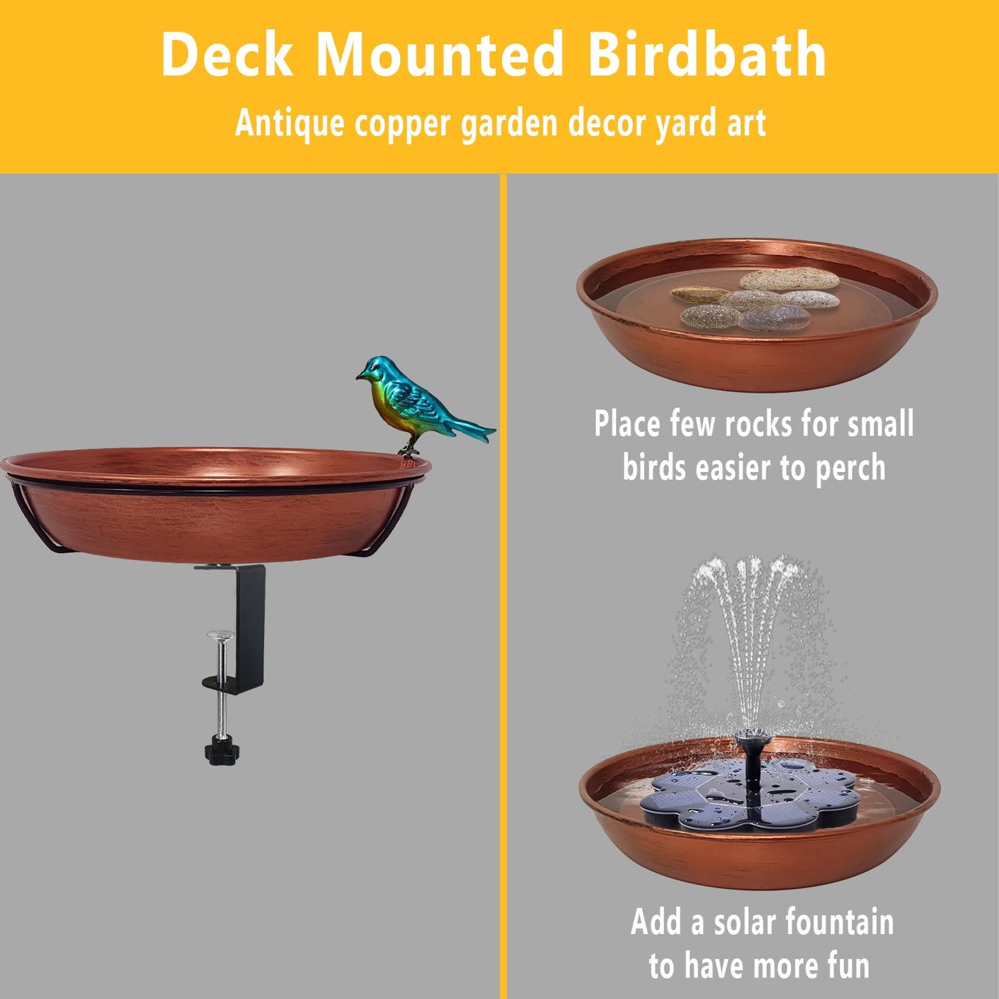 Keygift Deck Bird Bath for Outdoors, 11" Copper Metal Birdbath Bowl with Adjustable Big Steel Clamp Backyard Bird Bath&Bird Feeder for Railing Balcony Fence Yard Art Garden Decor