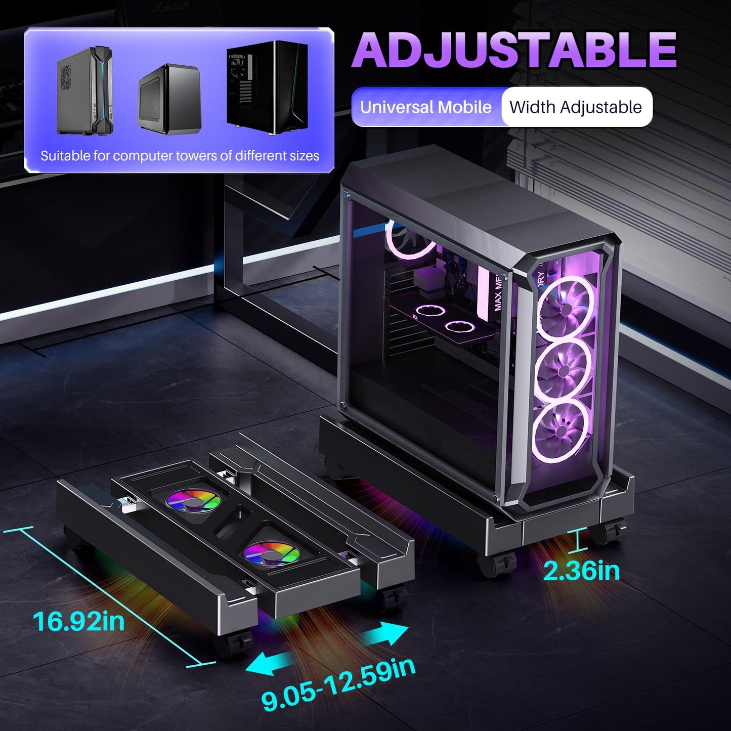 Adjustable Computer Tower Stand with Cooler Fan and Light, PC Stand for Floor, Mobile CPU Holder with 4 Caster Wheels Fits Most PC Tower, Under Desk CPU Holder for Office, Gamers and Students
