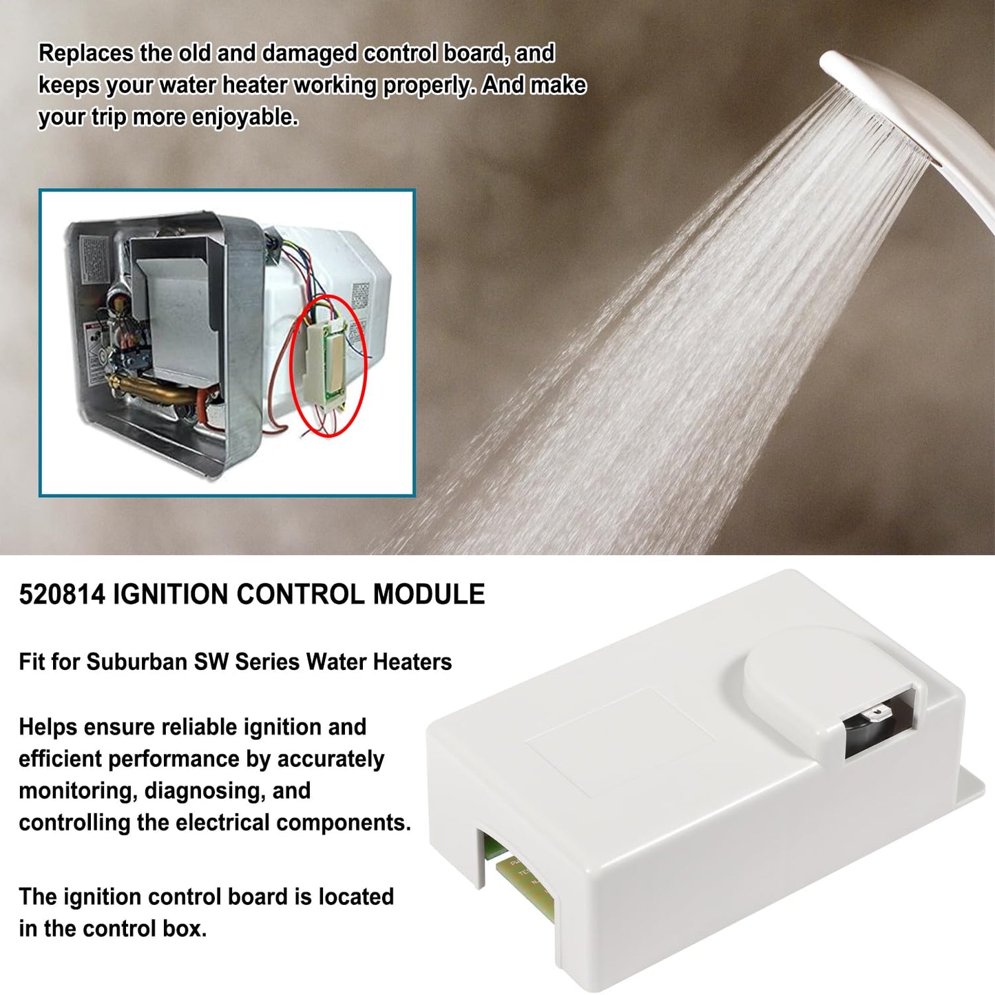 520814 Ignition Control Circuit Board Igniter Module Replacement Parts Kit Fit For Suburban RV Water Heater & Furnace, For SW4D, SW6D, SW10D, SW12D, SW16D RV Water Heaters, Replace 520820 520871
