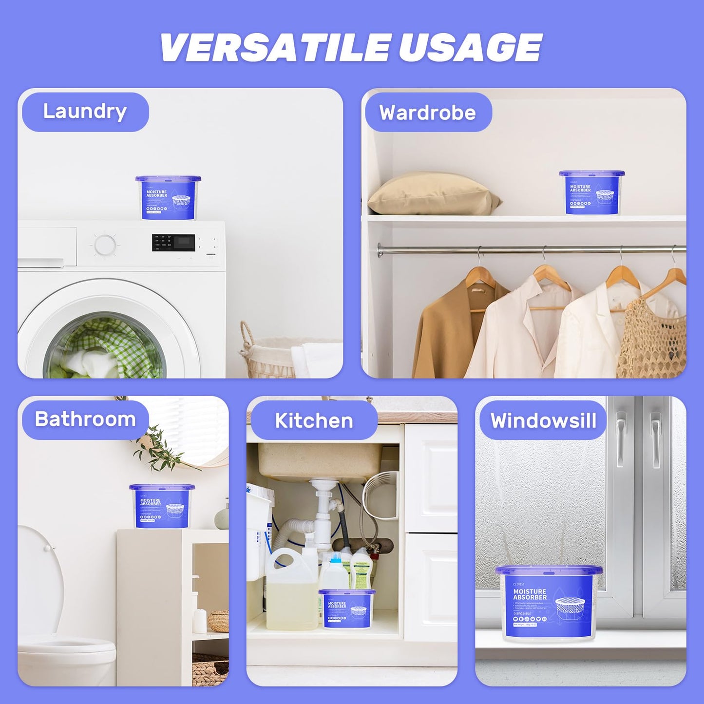 CLEVAST Moisture Absorbers Boxes, Dehumidifier for Closet, Unscented Hanging Humidity Absorber in Wardrobes, Bedrooms, Bathrooms, RV, 6 * 280g