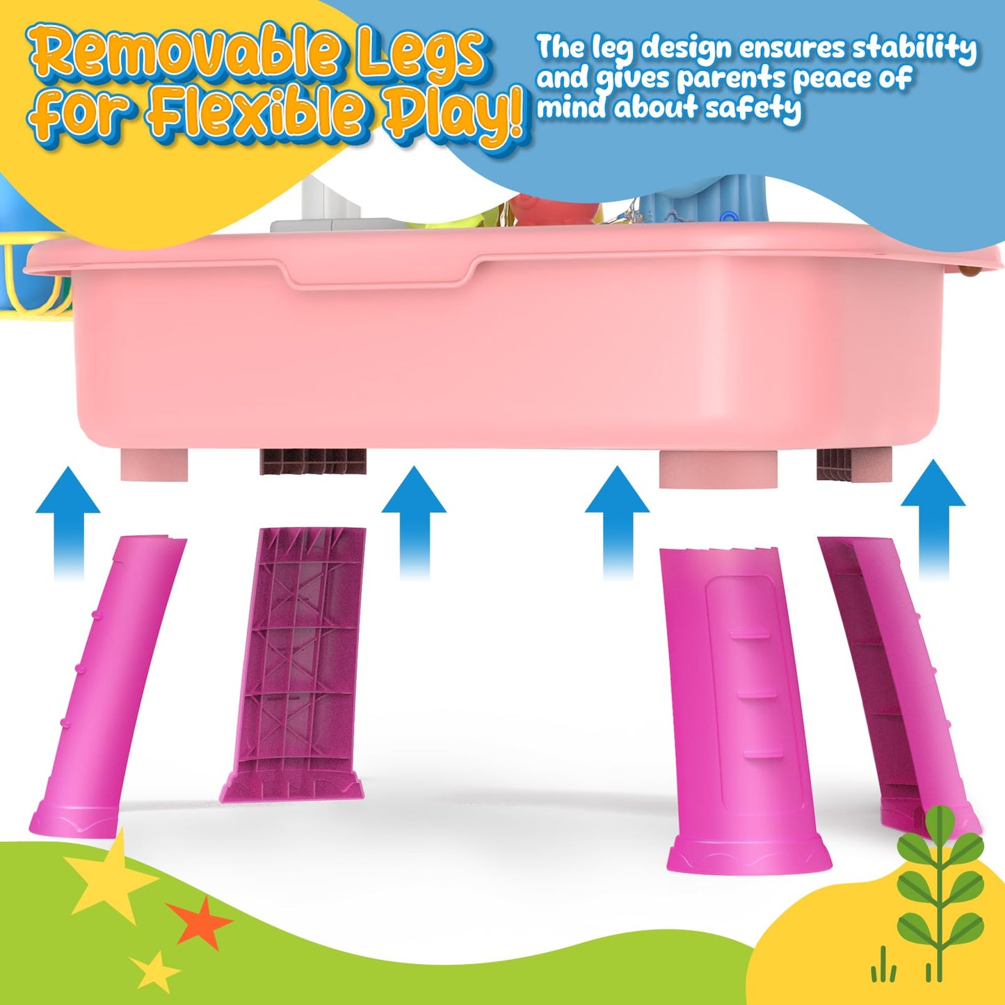 21" H Play Sink with Running Water, 4-in-1 Kids Kitchen Sink Toy with Electric Faucet, Mini Water Table with Detachable Legs, Fishing Game, Pretend Play Dishwasher Gift Set for Boys & Girls(Pink)