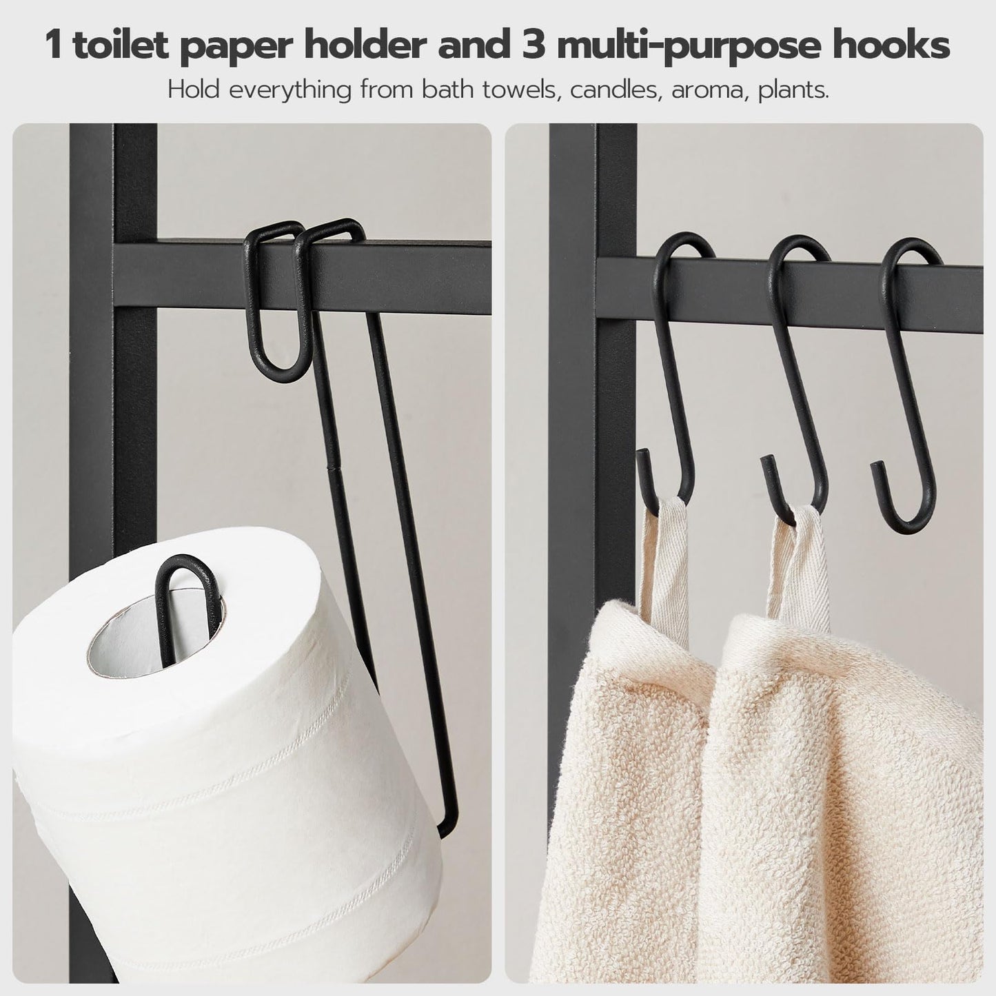 HOOBRO Over The Toilet Storage, 2-Tier Over Toilet Bathroom Organizer Shelf, with Toilet Paper Holder and Hooks, Sturdy and Durable, for Bathroom, Toilets, Rustic Brown and Black BF49TS01