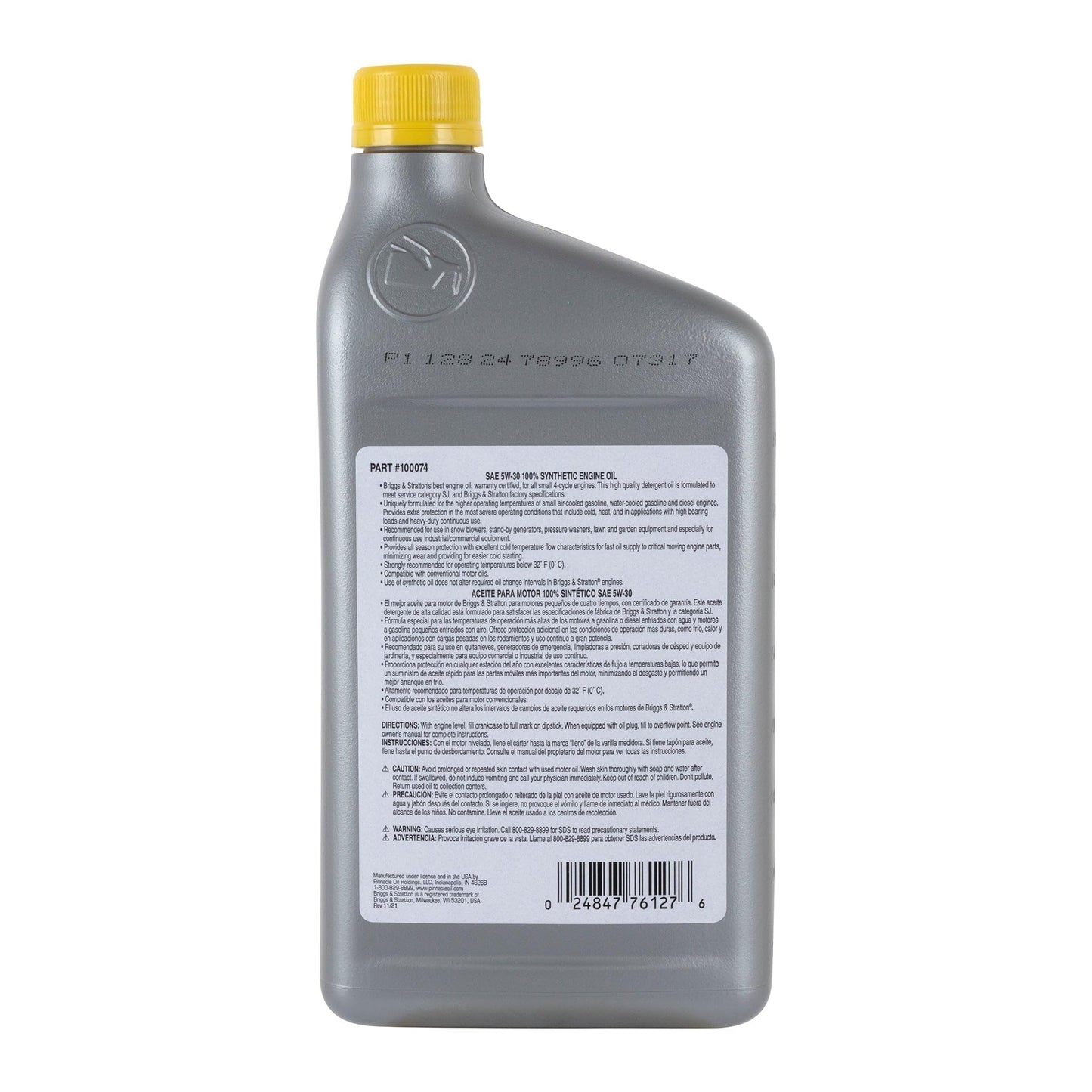 Briggs & Stratton 100074 SAE 5W-30 Synthetic Small Engine Motor Oil, 32-Ounce