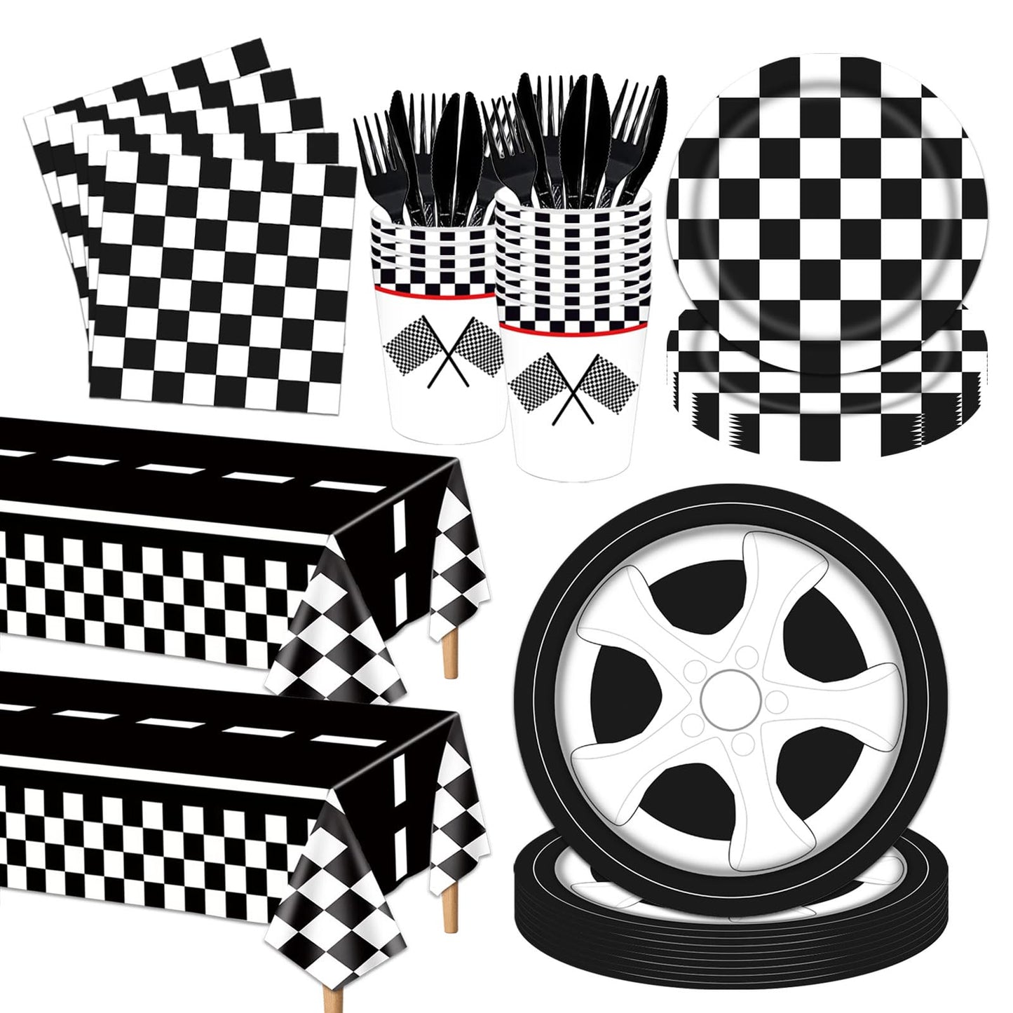 Poqirzan 146PCS Race Car Party Tableware Set Racing Car Plates and Napkins Party Supplies Black and White Checkered Race Car Birthday Party Decorations Car Tablecloth Paper Plates Napkins Set Serve 24