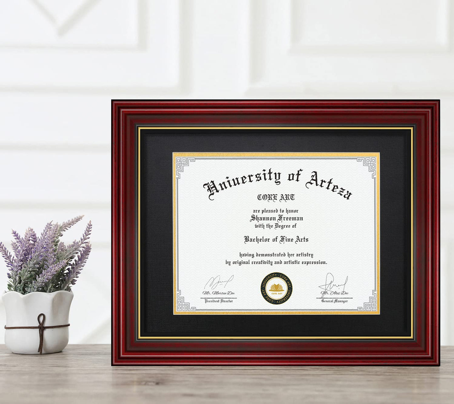 CORE ART 11x14 Diploma Frame Display Certificates 8.5 x 11 with Black Mat or Documents 11 x 14 without Mat, College Degree Wooden Frame with Tempered Glass for Wall and Tabletop Display(Cherry Red)