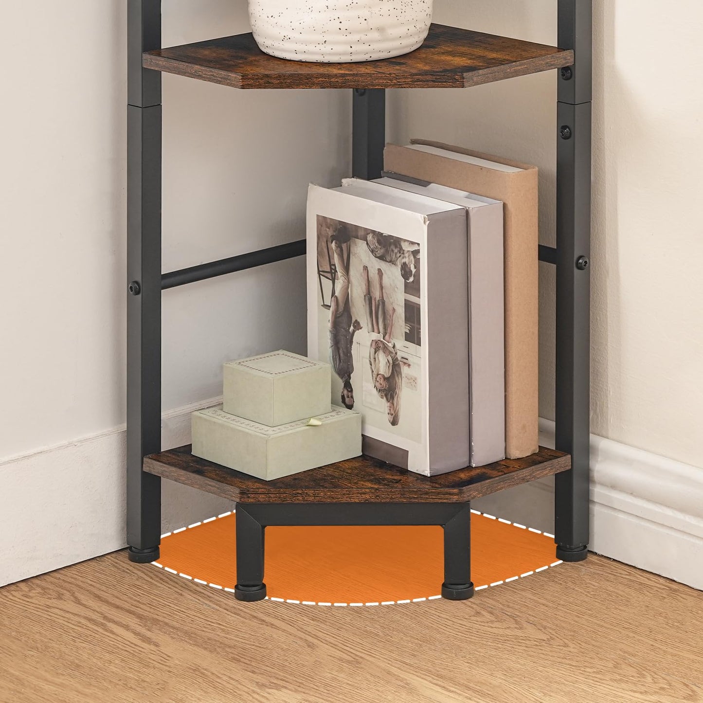 HOOBRO Corner Shelf, 5-Tier Corner Shelf Stand, Standing Display Shelf, Corner Bookcase Shelving, for Living Room, Bedroom, Study, Kitchen, Rustic Brown and Black BF100CJ01