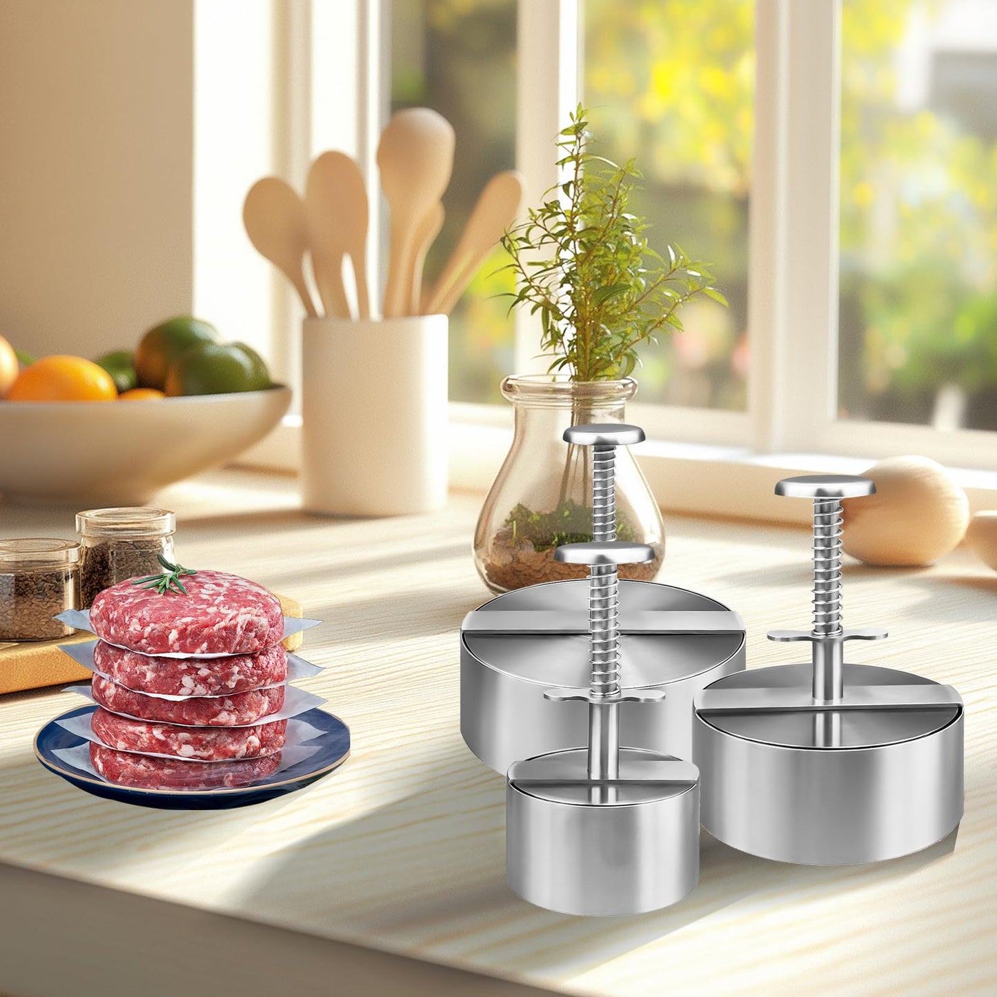 3 Pack Burger Press, Stainless Steel Adjustable Hamburger Patty Maker Meat Press Non-Stick Stuffed Patty Making Molds for Beef, Vegetables, Burgers, Cooking (Silver, 3 Size)