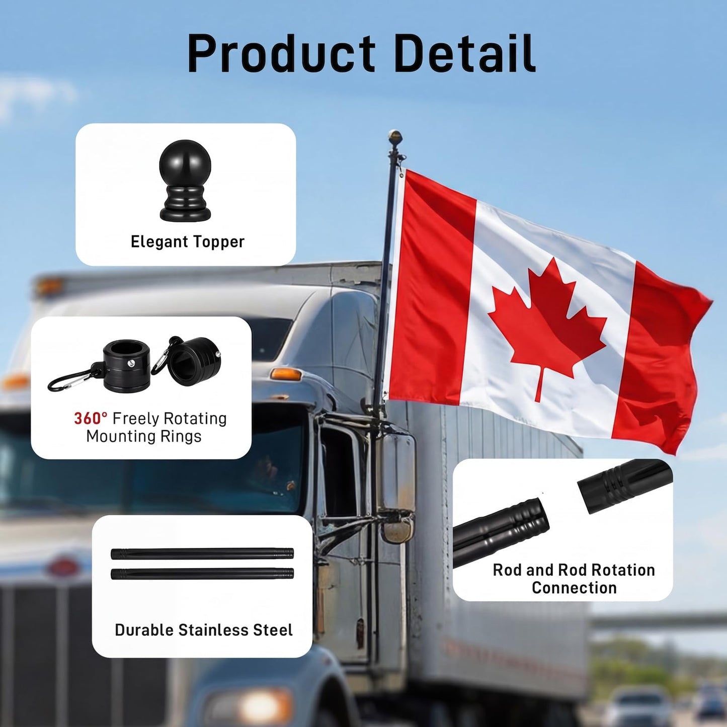 SEEKNEW Black Flag Pole for Outside House, 6 FT Stainless Steel No Tangle Spinning Residential Flagpoles & Two-Position Flag Pole Holder Brackets Mounting for Outdoor Flags for Porch(Without Flag)