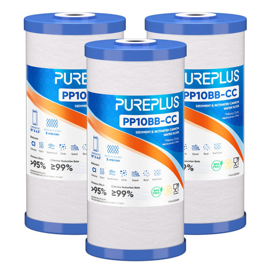 PUREPLUS 5 Micron 10" x 4.5" FXHTC Whole House Big Blue Sediment and Carbon Water Filter Replacement Cartridge for GE GXWH40L, GXWH35F, GNWH38S, Culligan RFC-BBSA, WRC25HD, RFC-BB, PP10BB-CC,3Pack