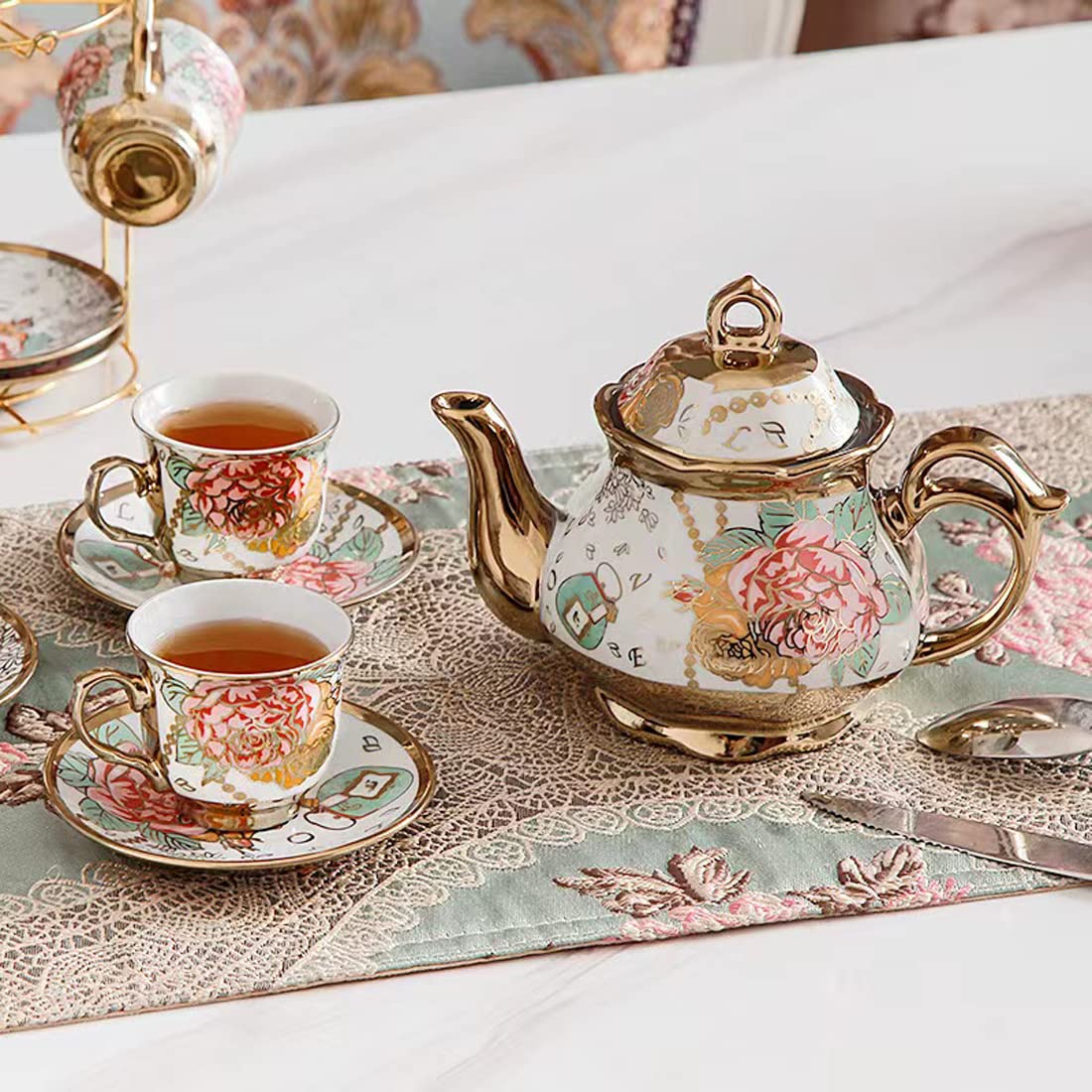 CHANJOON Tea Sets Gold Plated Red Rose Ceramic Tea Set, Vintage Teapot Tea Sets Beautiful Tea Set Coffee Serving 6 People (Golden, Large)