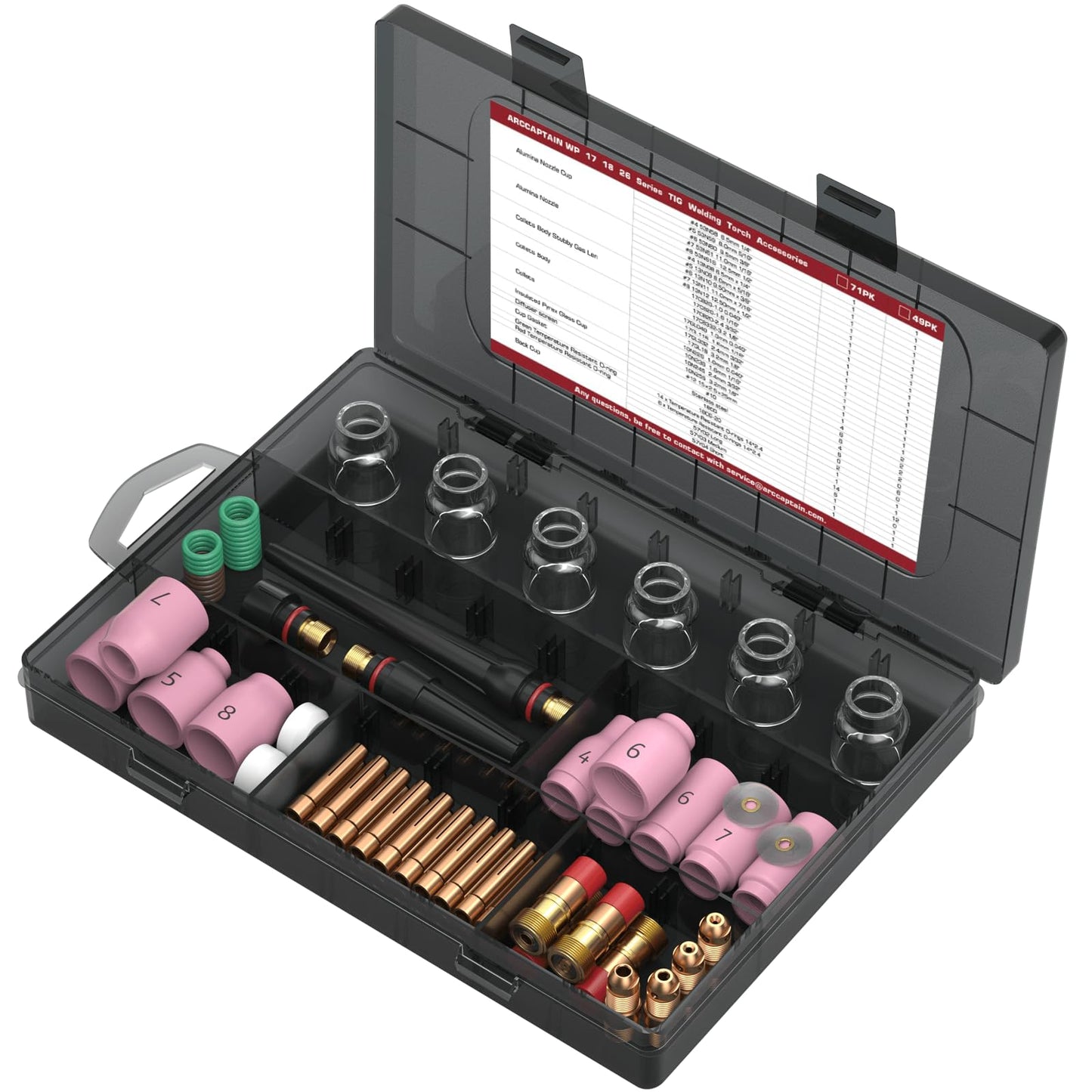 ARCCAPTAIN TIG Welding Torch Accessories kit 71 Pcs Alumina Nozzle Collets Body Stubby Gas Lens #12 Glass Cup consumables Kit for WP-17/18/26-Black