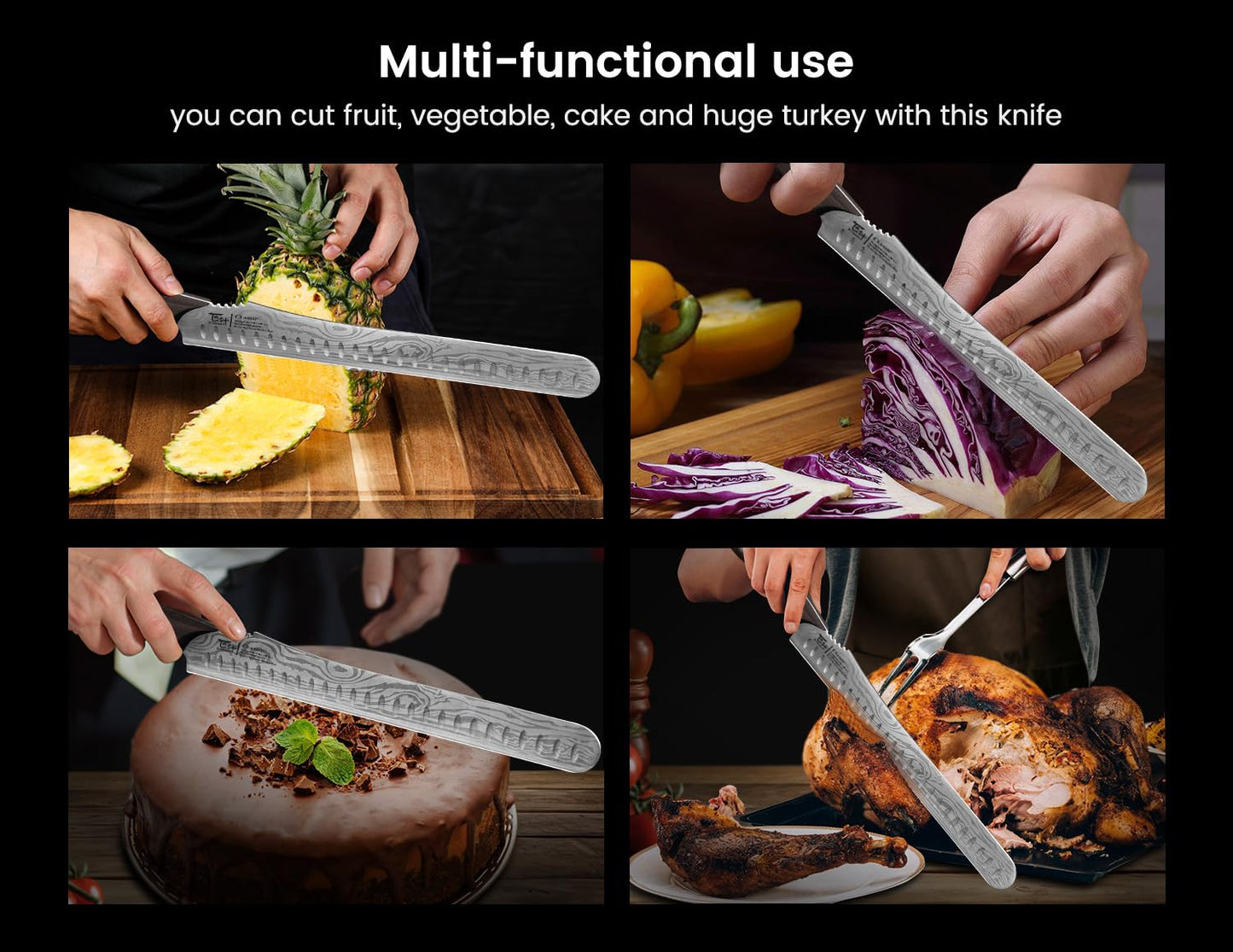 SYOKAMI Multifunction Carving Knife, 12 Inch High-Carbon Japanese Style Brisket Knife with Wood Handle, Damascus Pattern Full Tang Design, Razor-Sharp Slicing Knife for Meat Cutting with Gift Box
