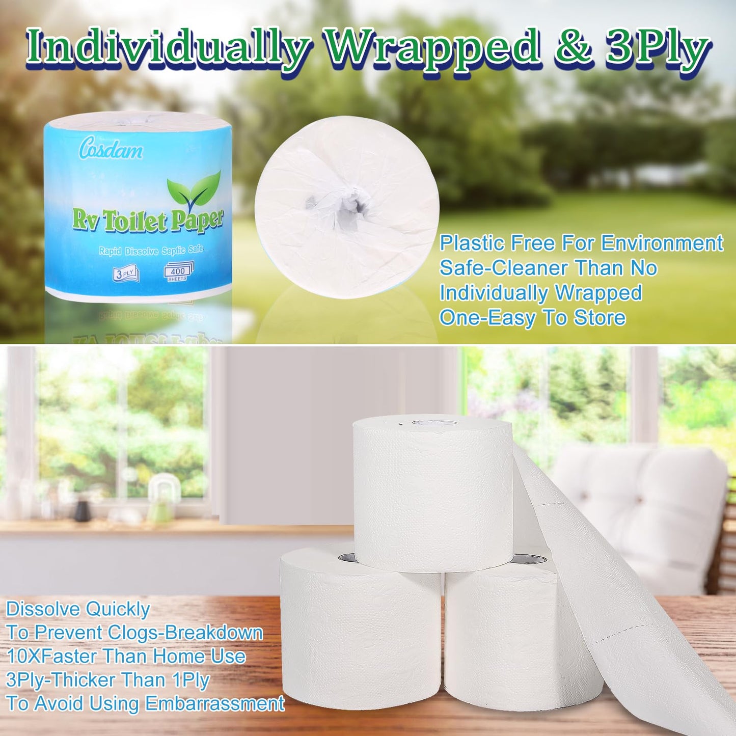 RV Toilet Paper, 12 Rolls,3-Ply 400 Sheets,Fast Dissolve Bath Tissue for Camping, Marine, RV Holding Tanks