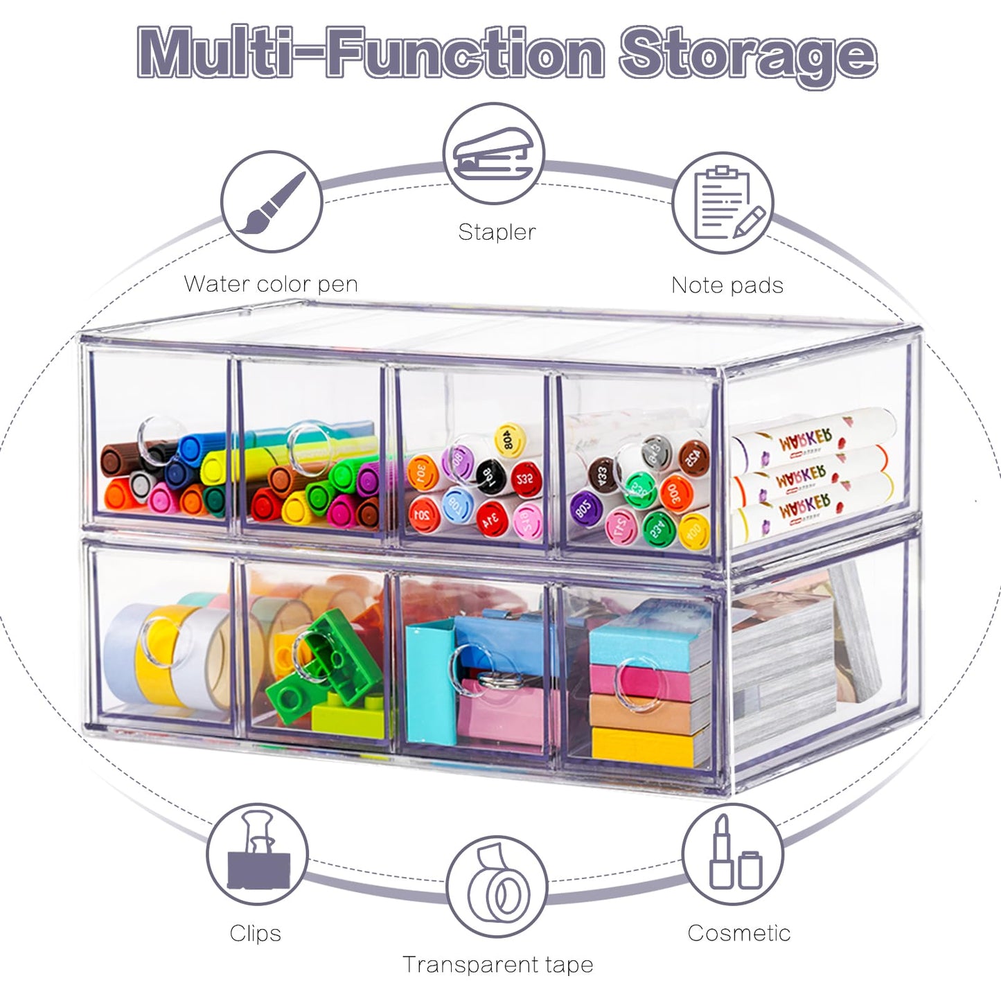 Desk Organizer with 8 Drawers, FODIENS 2 Packs Stackable Desktop Storage Box with Removable Drawer, Clear Sunglasses Organizer Display Case for Stationery Marker Pens Eyeglasses Office Supply