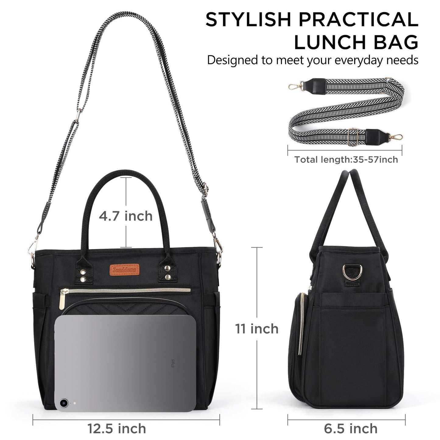Jomddems Lunch Bag Women,Insulated Lunch Box for Women Men with Shoulder Strap,Portable Reusable Large Adults Cooler Tote Bags for Work Picnic Hiking Beach (Black)