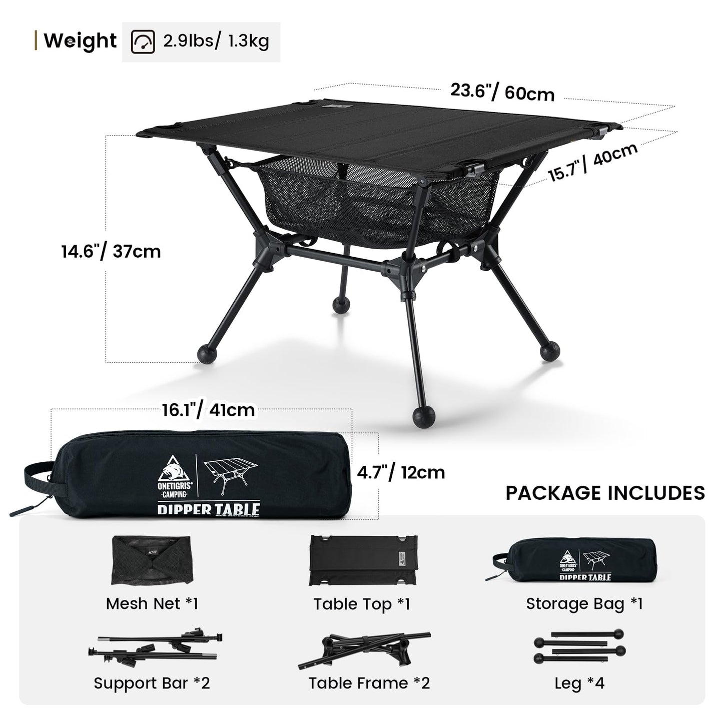 ONETIGRIS Dipper Camping Table, Lightweight Portable Folding Table with Mesh Storage Net, High/Low Options, Ideal for Camping, Hiking, Tailgating, Beach, Picnic, Travel, Backyard