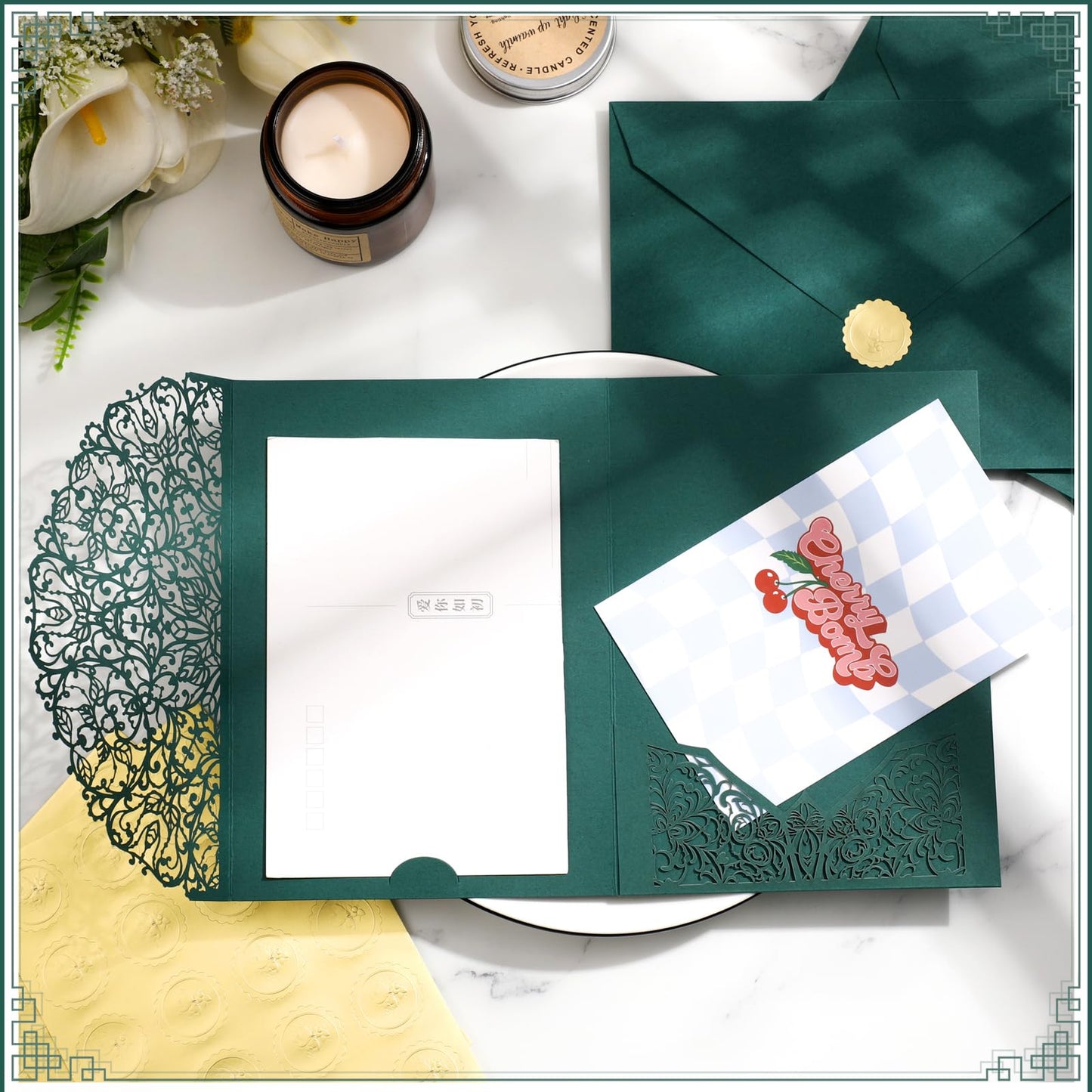 PerKoop 100 Set 5 x 7 Laser Cut Wedding Invitation with Envelopes and Wax Seal Stickers Blank Pocket Invitation Cards Kit for Wedding Bridal Shower Engagement Invite(Dark Green)