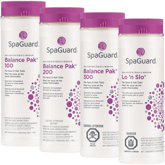 4 Pack | (1) Balance Pak 100 1kg | (1) Balance Pak 200 1kg | (1) Balance Pak 300 750g | (1) Lo 'n Slo 1.25kg | Spa & Hot Tub | Can Use with Other Hot Tub Chemicals | with Free Balance Guide