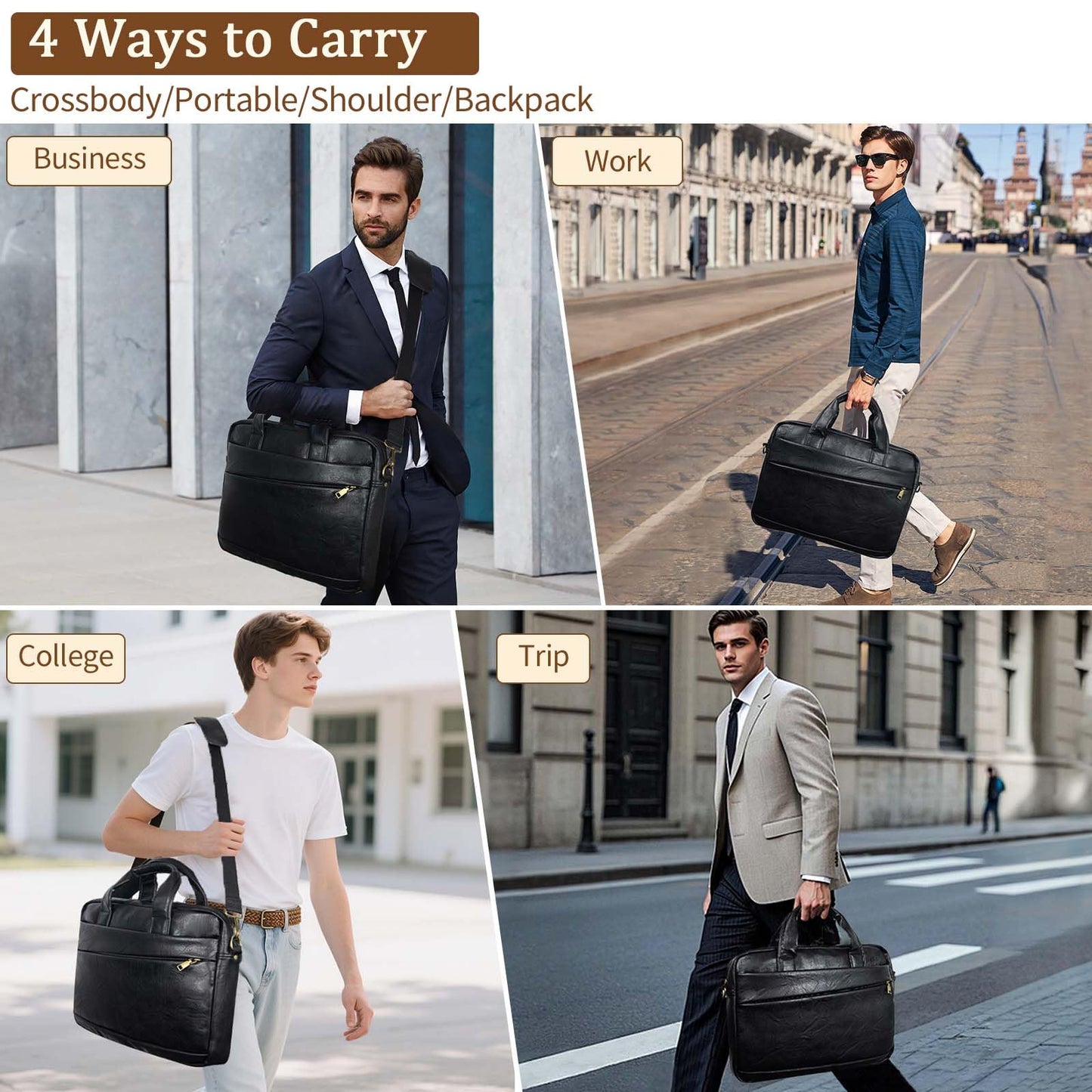 Faux Leather Messenger Bag for Men 17-17.3 Inch: Laptop Bag Briefcase Computer Handbags Shoulder Crossbody Bag with Padded Laptop Sleeve for Work College, PU Black