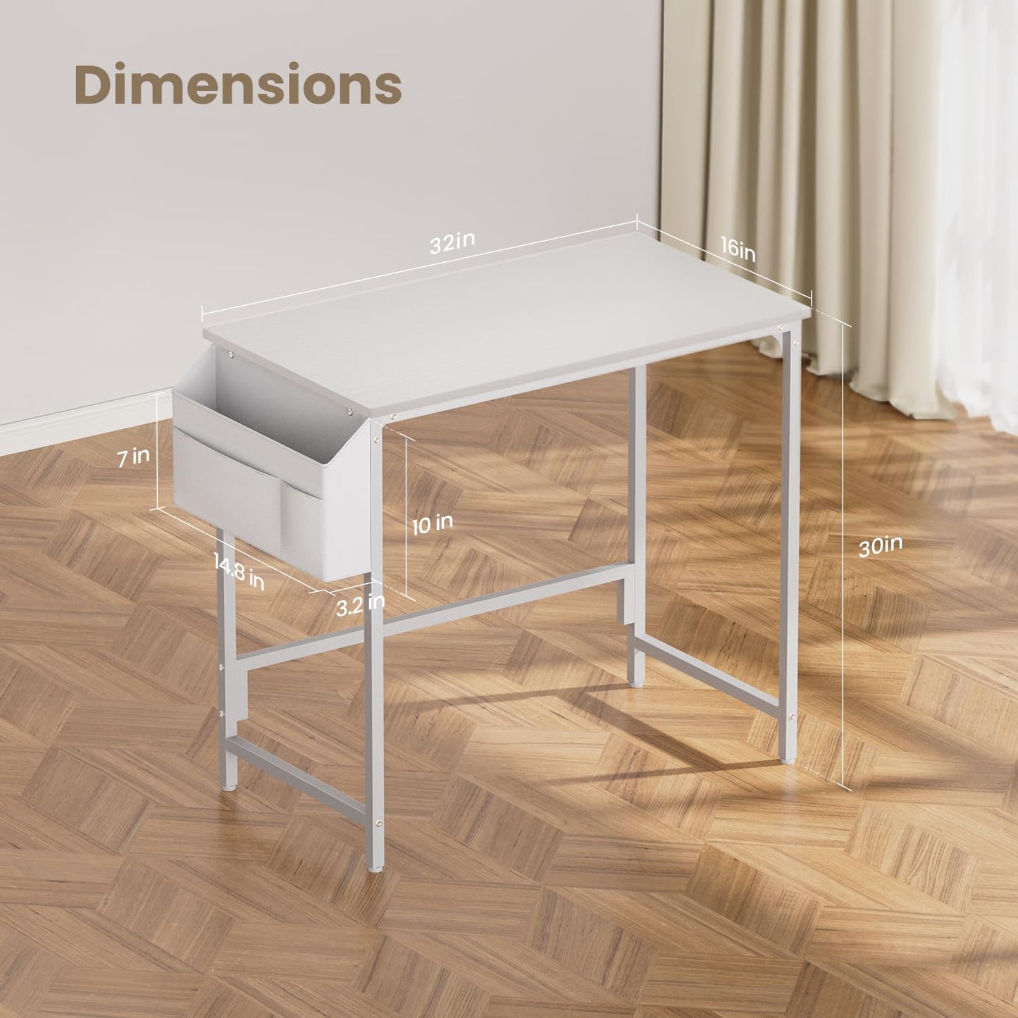 HLDIRECT 32 inch Computer Desk with Storage Bag, Home Office Desks for Small Spaces Modern Study Writing Desk with Adjustable Footpads Simple PC Gaming Desk for Home, Office(White, 32x16in)