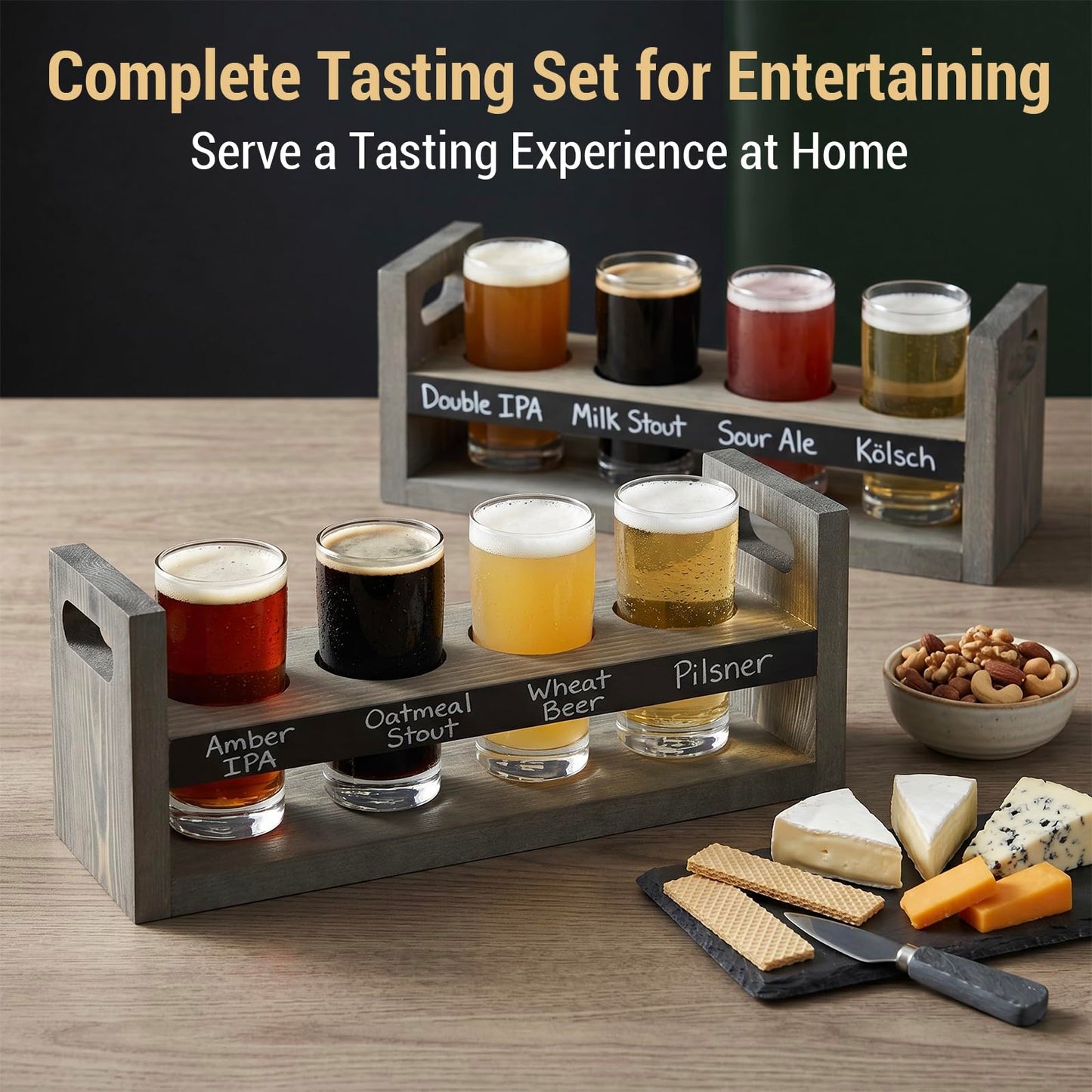 MyGift Vintage Gray Wood Beer Flight Sampler Serving Tray Caddies with Chalkboard Panels & 4 Tasting Glasses, Set of 2