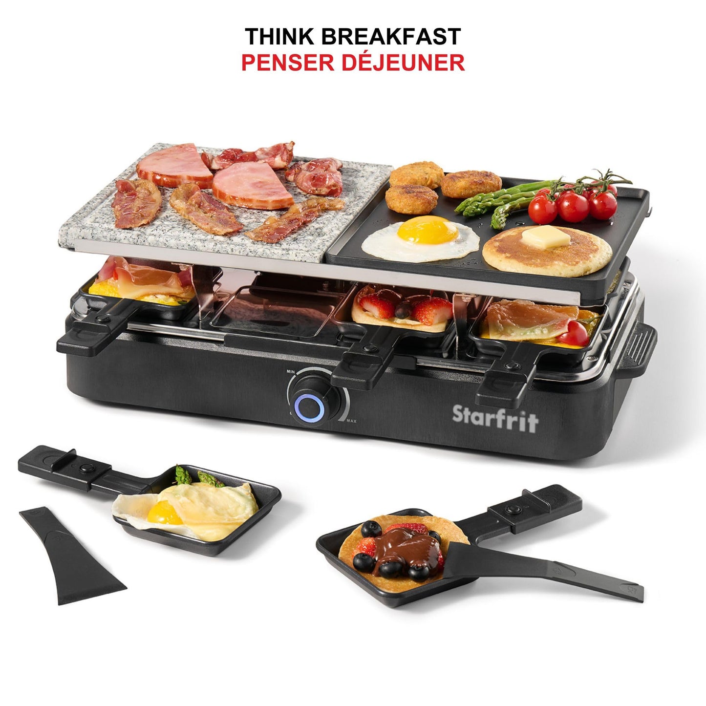 Starfrit 8-Person Raclette Party Grill - 2-in-1 Die-Cast Aluminum & Cooking Stone - Reversible Grill/Griddle Plate - Adjustable Temperature - 8 Non-Stick Spatulas & Dishes -1300W
