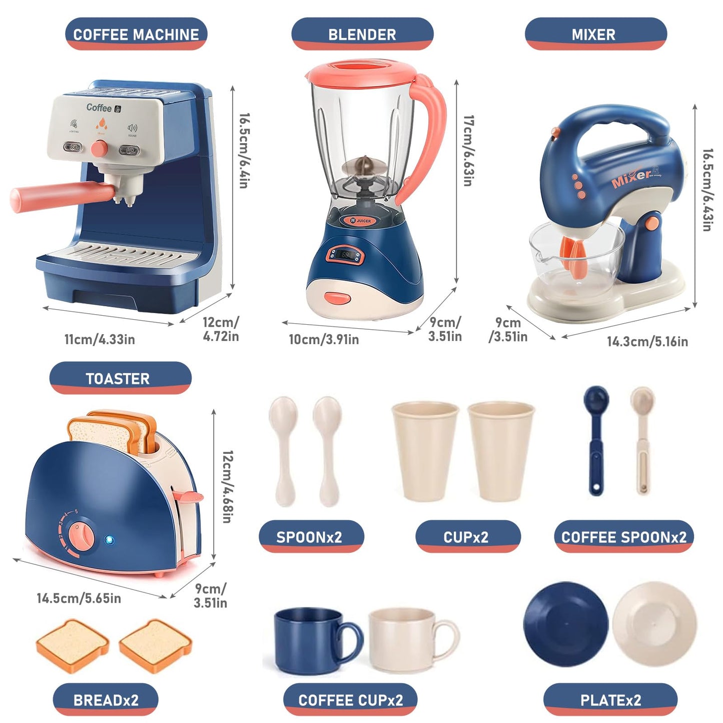 Blue Kids Assorted Kitchen Appliance Play Toys Includes Coffee Maker ,Blender,Fruit Machine and Toaster ,Apron and Cups,with Realistic Lights& Sounds,Learning Gift for Toddlers Baby Girls Boys