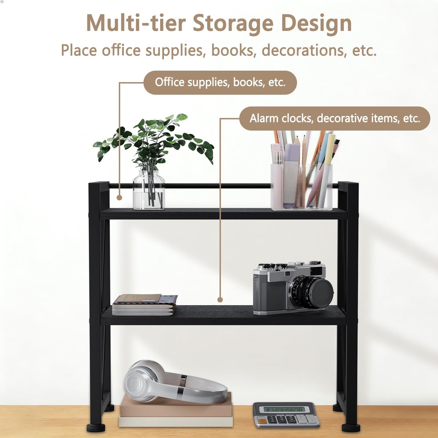 VSIWB Desktop Organizer Shelf, 2 Tiers Desk Organizers and Storage, Countertop Organizer Desktop Bookshelf, Metal and Wooden Desk Storage Shelf, Desk Shelf for Home Office Coffee Bar Bedroom Kitchen