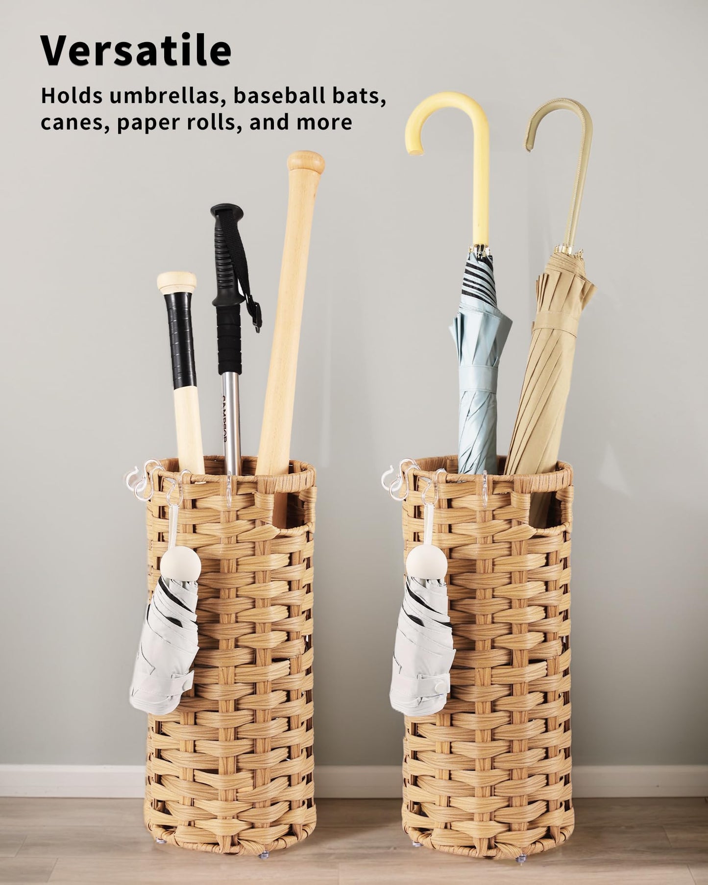 WAOHANAZ Rattan Umbrella Stand, Umbrella Holder for Entryway, Hand Woven Umbrella Rack Organizer Freestanding, with a Detachable Drip Tray, 4 Hooks, 7.5" L x 7.5" W x 16.5" H
