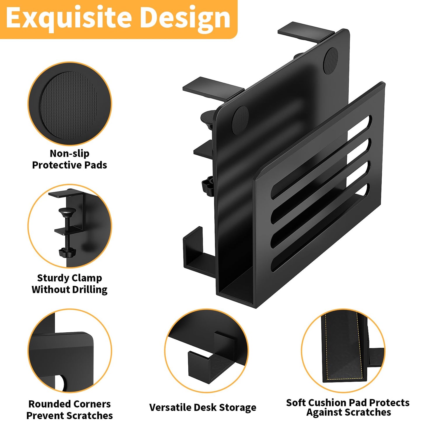 ROLIZOE 3 in 1 Desk Side Storage No Drilling Under Desk Laptop Holder with Headphone Hook & Cable Management Tray, Under Desk Storage Steel Clamp Anti-Slip Magazine File Holder for Desk Accessories
