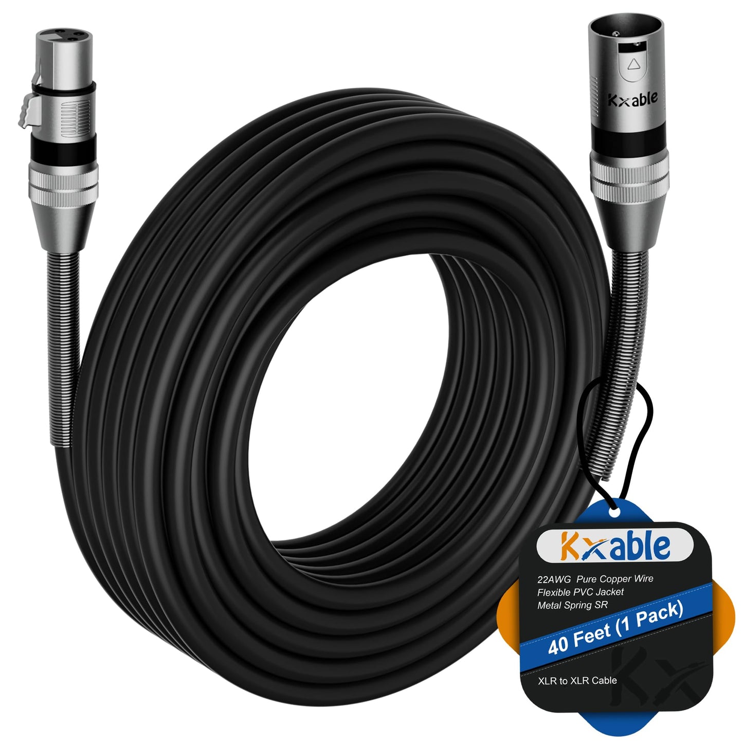 Kxable XLR Microphone Cable 40FT, XLR Male to Female Balanced Mic Cable, 3-Pin Shielded Speaker Cord, Zinc Alloy Connectors, Premium 22AWG Pure Copper, Metal Spring SR, Recording Studio, Podcast