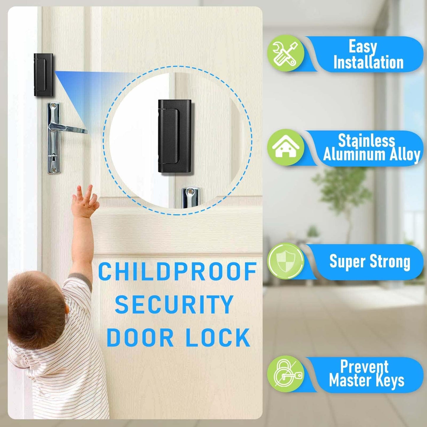 Steinwhale 4Pack Home Security Door Reinforcement Lock, Childproof Safety Door Lock Latch Inside Stopper, Add High Security to Prevent Home Unauthorized Entry, Aluminum Construction Finish Black