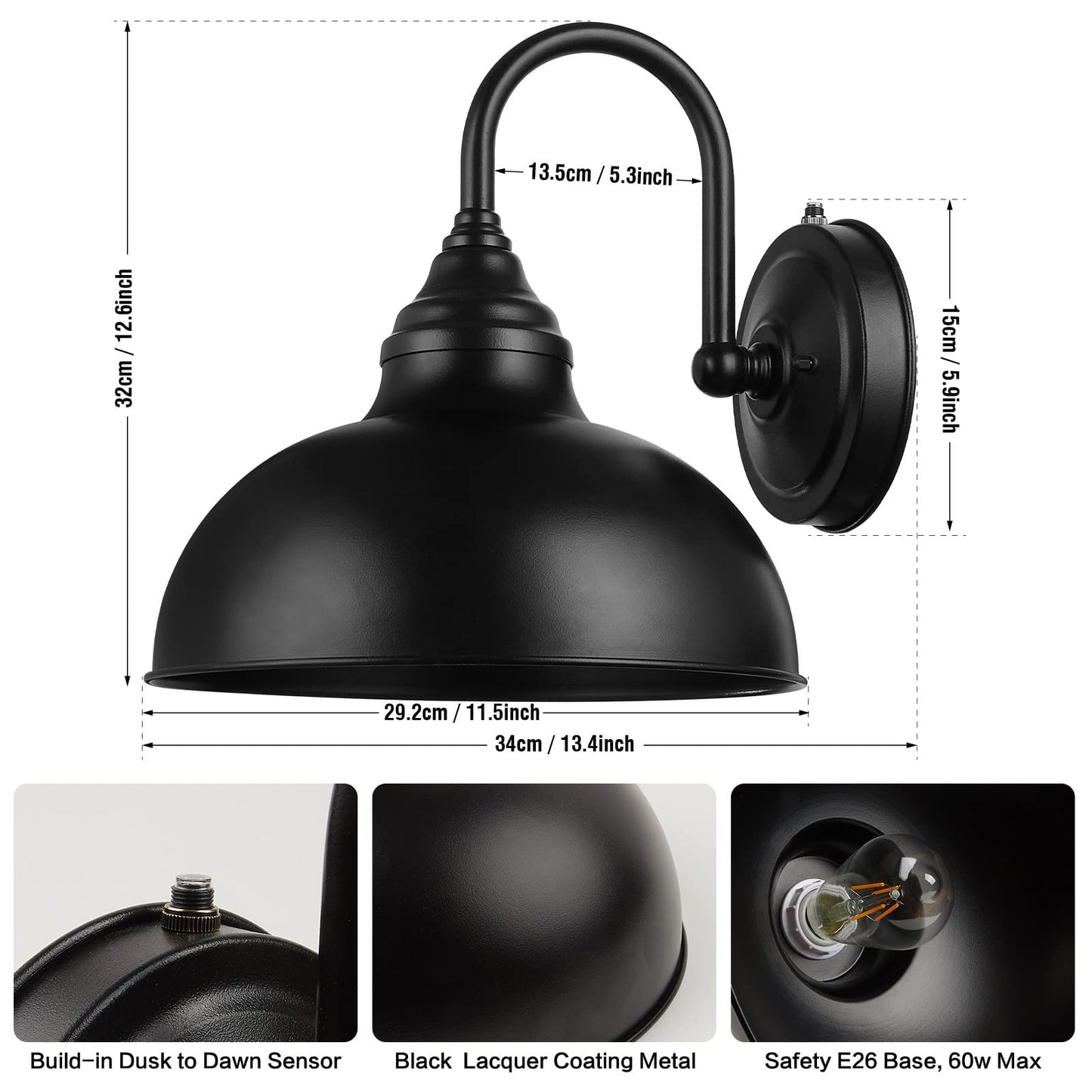 Naurham Barn Light Gooseneck Light- Dusk to Dawn Farmhouse Outdoor Lighting, 1-Light Outdoor Gooseneck Lighting with Sensor Farmhouse Wall Sconce for Patio Porch Garage (11.8" Diameter, 1pc)