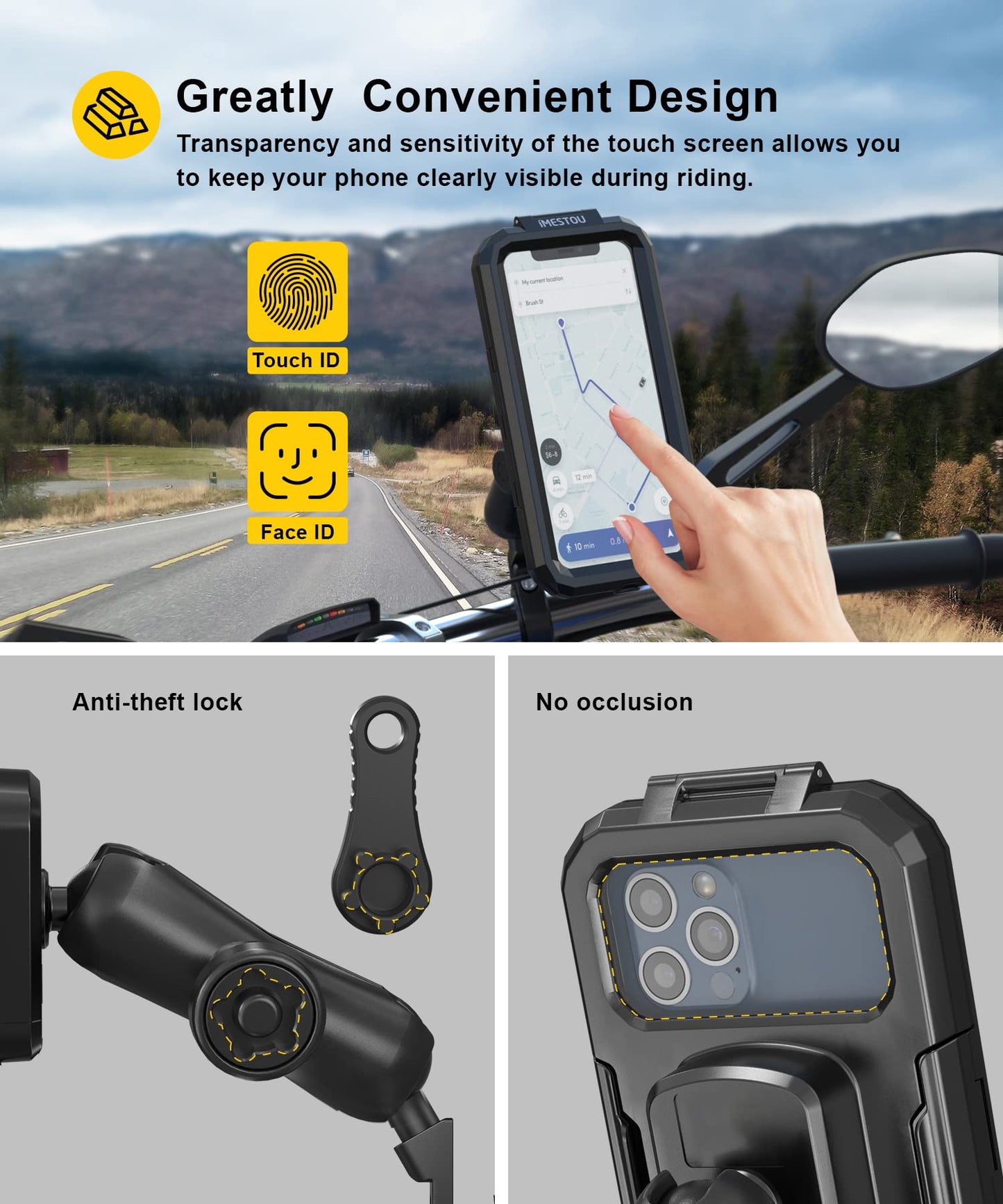 iMESTOU Waterproof Motorcycle Phone Mount Bike 1" Ball Cellphone Holder for Rear-View Mirror Installtion with Anti-Theft Double Socket Arm 720° Rotation for 5.5"-6.8" Smartphones (Size L)