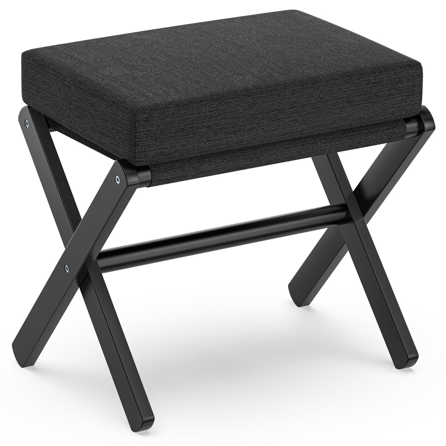BAMBOOHOMIE Foldable Foot Stool Ottoman, Modern Foot Rest with Bamboo X Legs & Thick Foam Cushion, Folding Foot Stools Small Padded for Bedroom Living Room, Makeup Vanity Stool Chair (Black - Black)