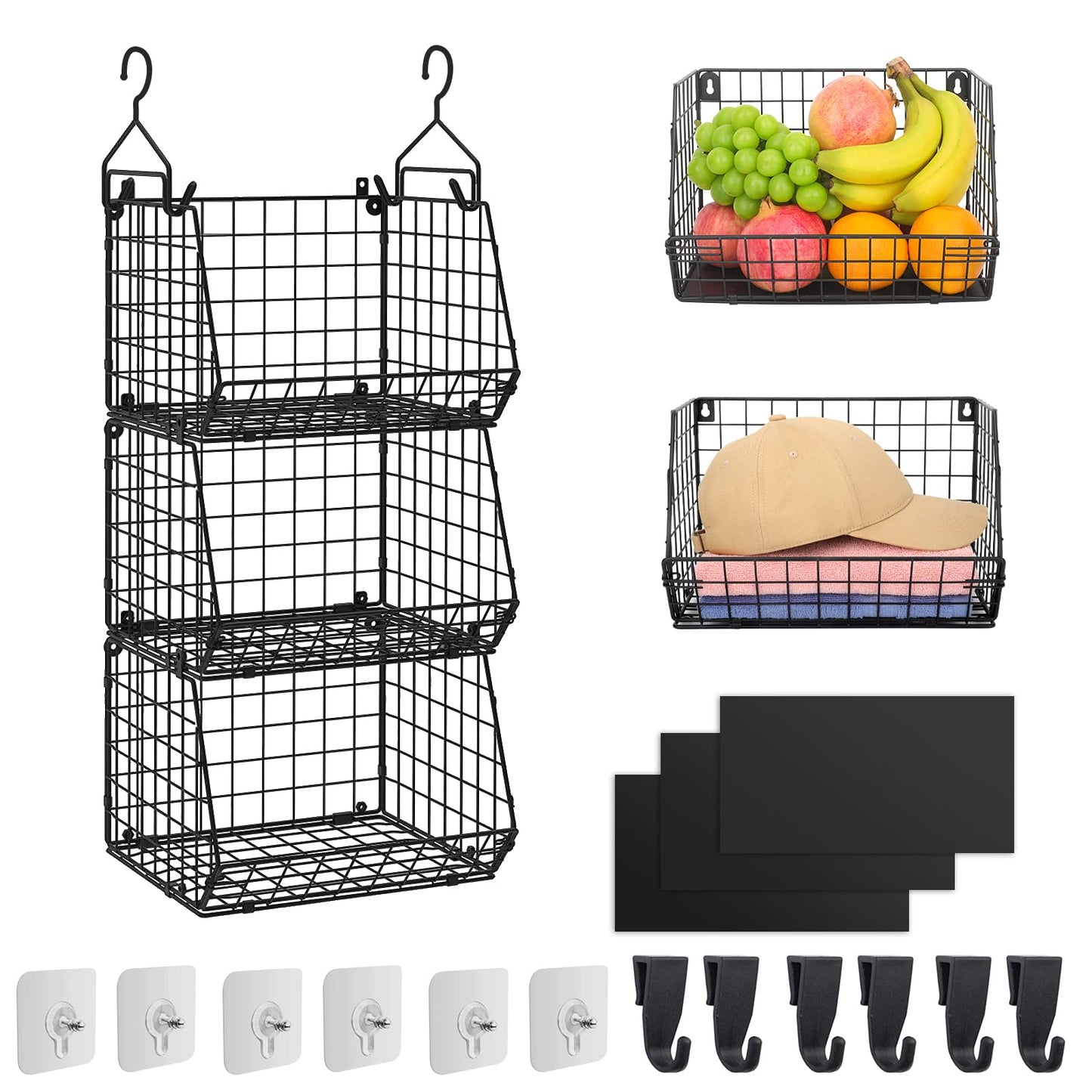 Guvarog 3-Pack Hanging Closet Organizer Wire Basket for Fruit, Vegetable, Potato and Onion Storage - Wall Mounted Closet Organization Bin