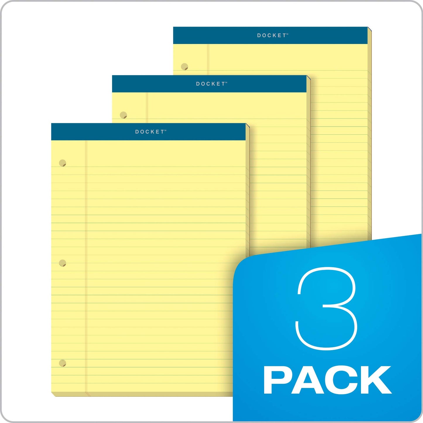 TOPS Docket Notepads, 8.5" x 11.75", Canary Legal Rule, 3-Hole Punched, 100 Sheets per Pad, 3-Pack of Thick-Backed Writing Pads for Meetings and Notes