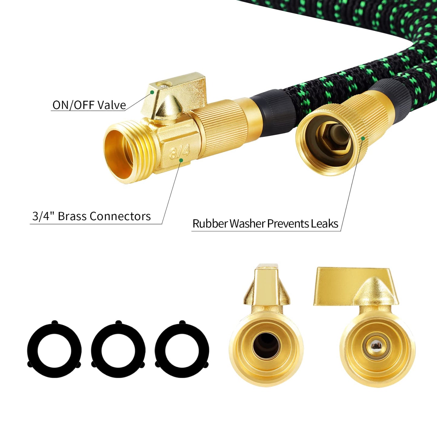 Expandable Garden Hose, Water Hose 100ft with 10 Function Nozzle, Flexible Hose with 3/4" Solid Brass Fittings, Extra Strength Fabric, Easy Storage Kink Free, Black & Green